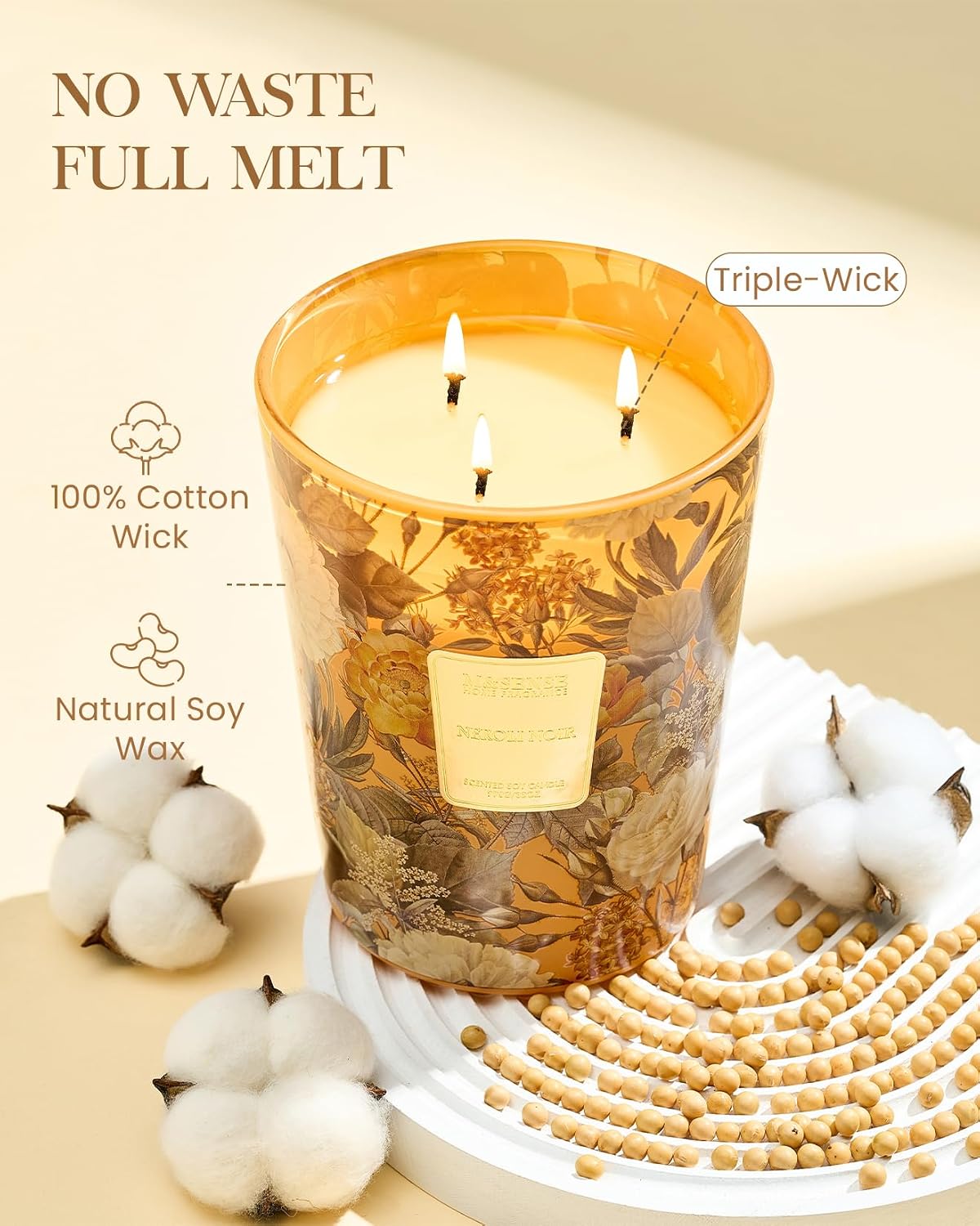 M&SENSE Neroli Noir Soy Large Candles, 3-Wick 35oz 150H Long Lasting, Aromatherapy Candle for Stress Relief Refresh Housewarming Gifts