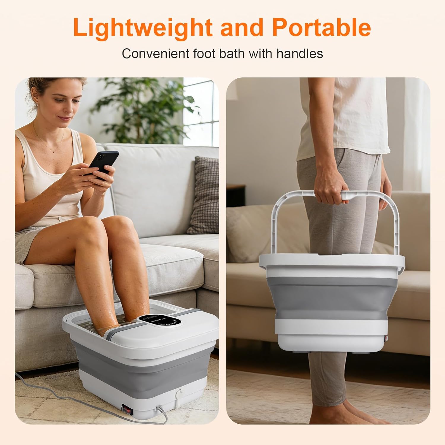 Collapsible Foot Spa Bath Massager with Heat, Bubble, Foot Soaking Tub with Handles, Foot Pedicure Kit, Temperature Control, Massage Rollers, Collapsible Bucket for Cleaning