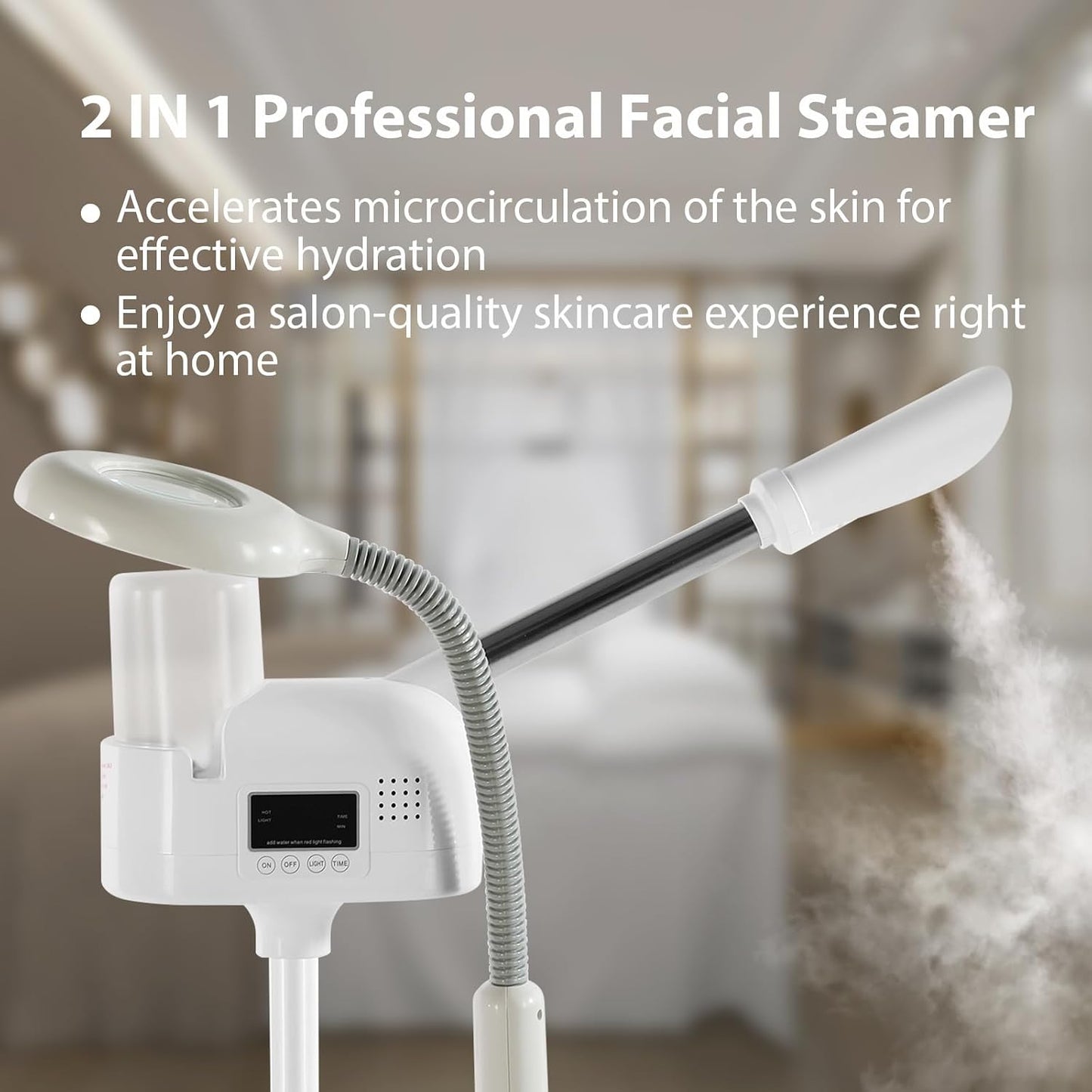 Professional Facial Steamer 2 in1 Steamer for Face 5X LED Magnifying Lamp Facial Steamer for Esthetician Beauty Face Equipment Use at Home or Salon（White）