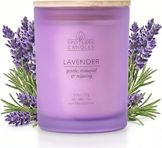 Lavender Candle; 9.7 oz:, 55 Hrs Burn Time, Soy Wax Purple Frosted Jar with Crackling Wooden Wick & Luxury Gift Box: Lavender Scented Candle by Spotless Candles