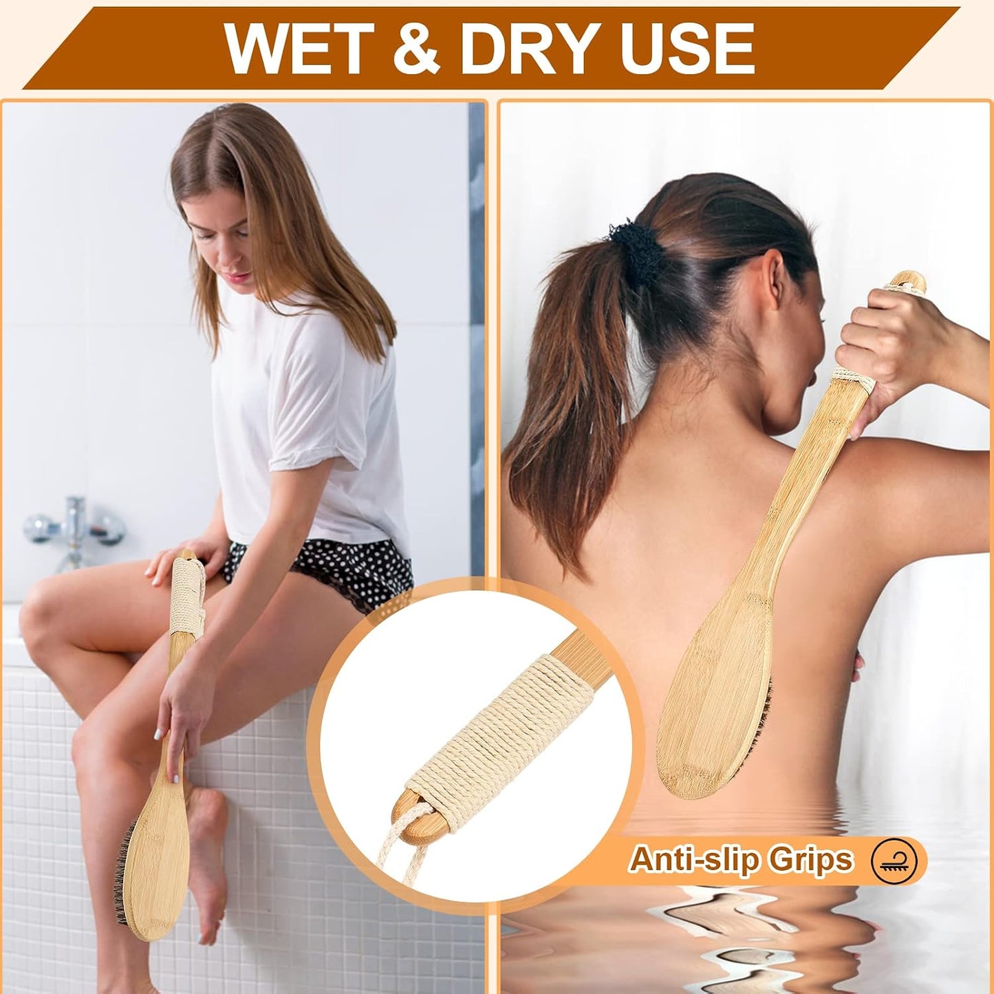 eaxun Bamboo Shower Brush with Curved Long Handle, 16.7 Inches Exfoliating Back Scrubber with Natural Bristles for Men & Women, Back Exfoliator Body Washer for Bath or Dry Brushing