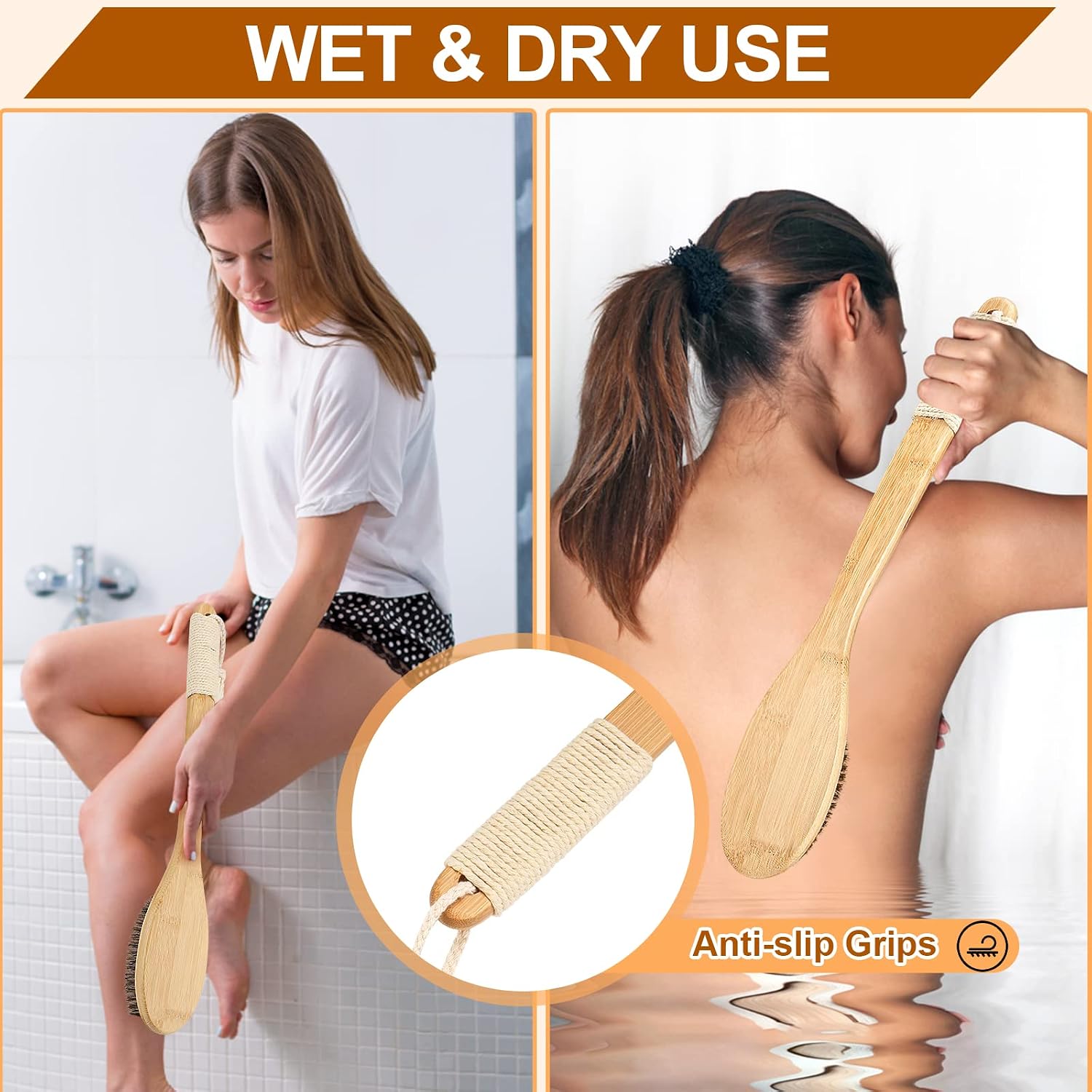 eaxun Bamboo Shower Brush with Curved Long Handle, 16.7 Inches Exfoliating Back Scrubber with Natural Bristles for Men & Women, Back Exfoliator Body Washer for Bath or Dry Brushing