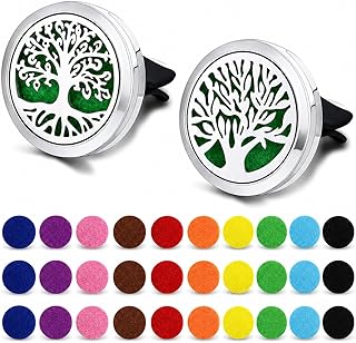 2PCS 30mm Car Aromatherapy Essential Oil Diffuser Stainless Steel Locket with Vent Clip 30 Felt Pads Tree of Life Pattern (Silverly)