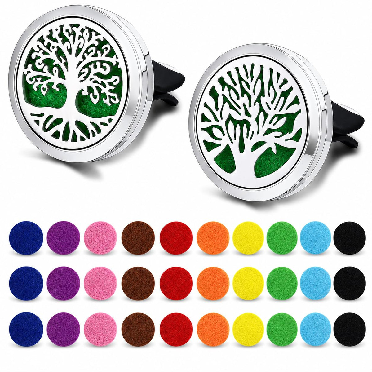 2PCS 30mm Car Aromatherapy Essential Oil Diffuser Stainless Steel Locket with Vent Clip 30 Felt Pads Tree of Life Pattern