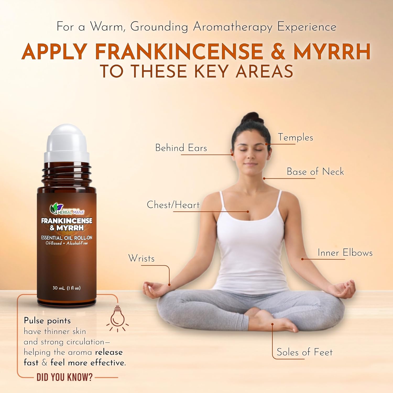Frankincense & Myrrh Essential Oil Roll-On, 30 mL (1 fl oz) – Pre-Diluted Aromatherapy Rollerball in Fractionated Coconut Oil (FCO) – Alcohol-Free Pulse Point Oil Roller