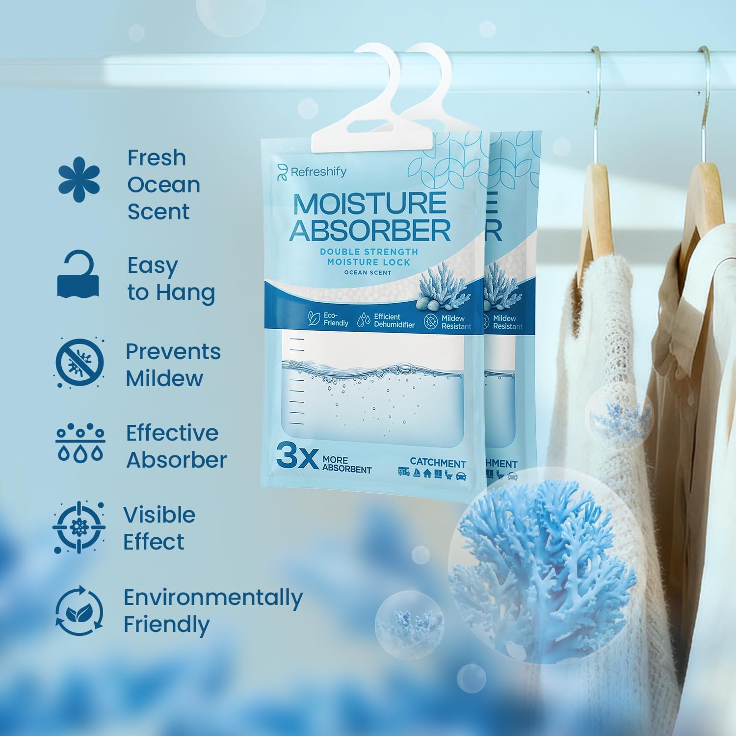 Moisture Absorbers and Humidity Absorber Bags for Closet - 10 Pack High-Efficiency Moisture Absorber and Humidity Packs for Home, Moisture Bags and Dehumidifier Bags for Car Ocean Scent, 10 Pack