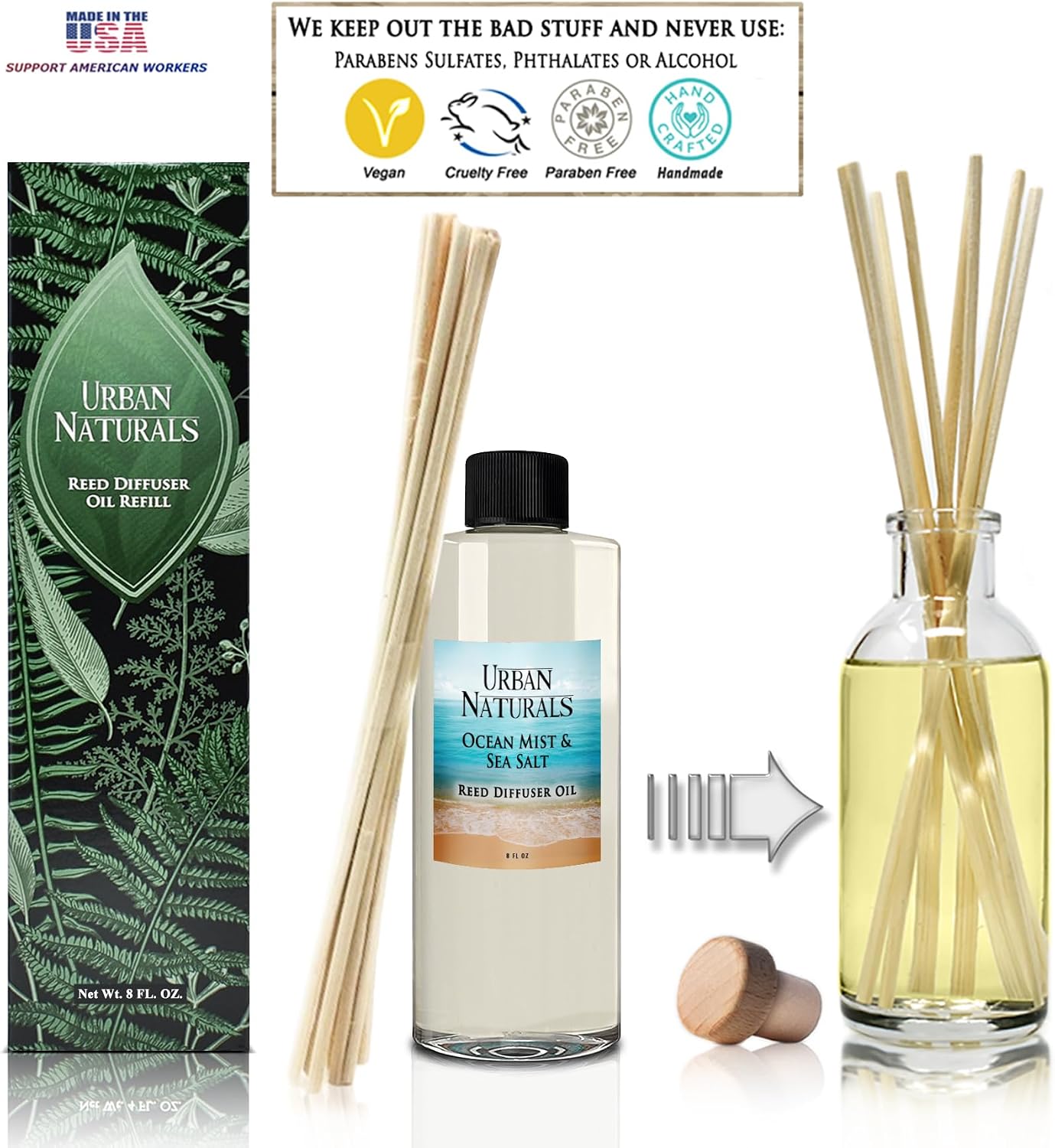 Urban Naturals Reed Diffuser Oil Refill Ocean Mist Sea Salt with Salt Spray, Violet Leaf, Sea Grass, Driftwood 8 oz + Free Reed Sticks, Made in the USA