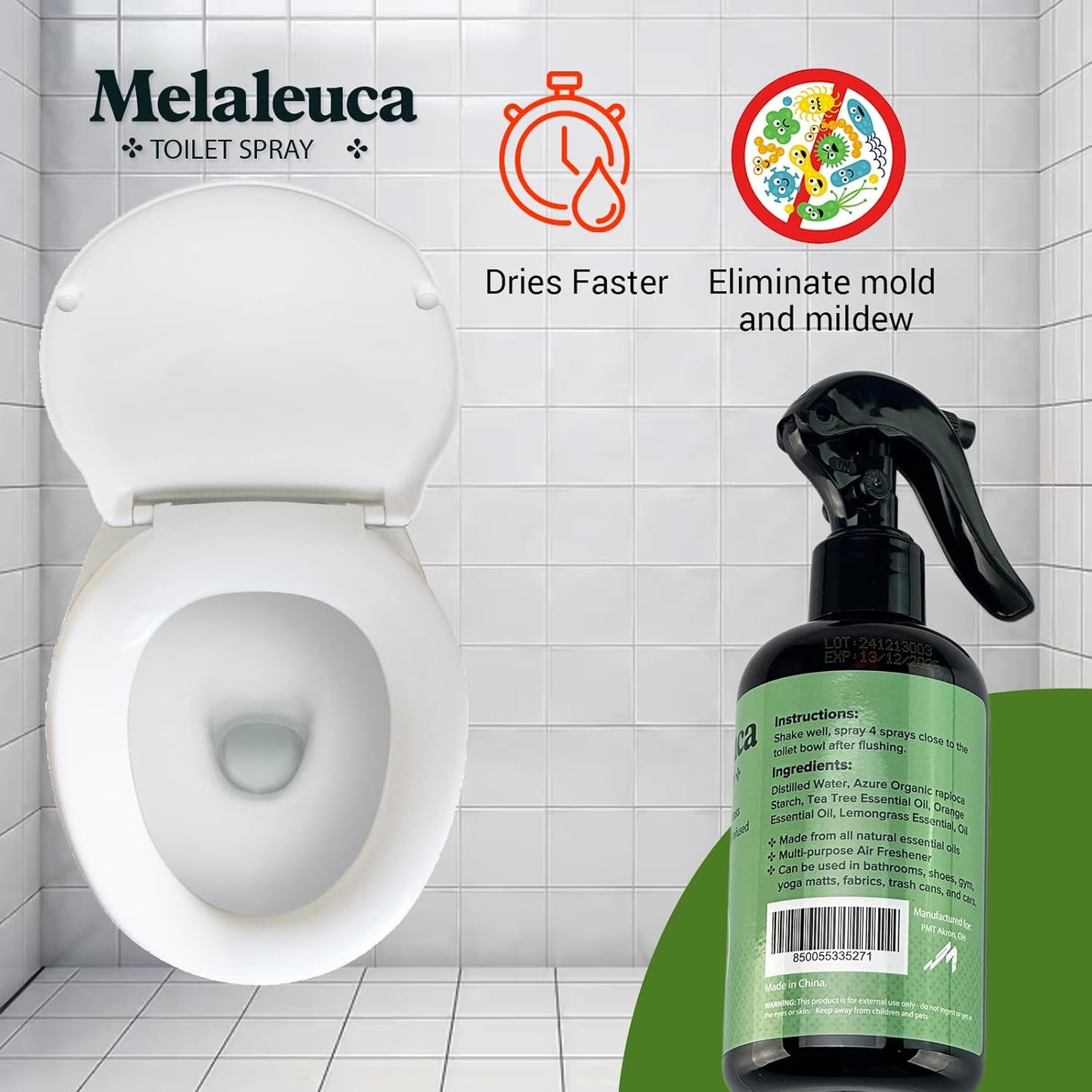Melaleuca Spray - 100% Natural Tea Tree Oil Toilet Spray – 8 Oz - Natural Bathroom Odor Eliminator & Air Freshener – Pure Tea Tree Essential Oil with Lemongrass – Odor Eater, Paraben Free