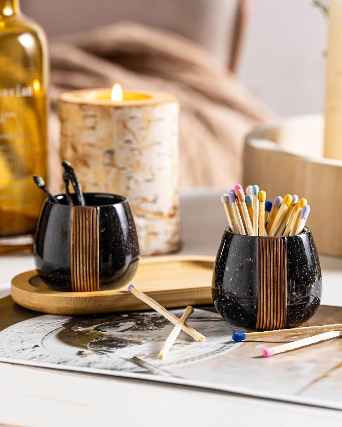 Zoeeker Set of 2 Ceramic Match Holders with Striker - Wooden Tray Matchstick Container Set for Christmas Bathrooms, Cafes & Modern Homes- Matches NOT Included, Black