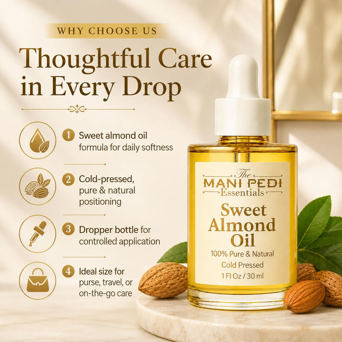TMPE Sweet Almond Oil, Pure Cold-Pressed Oil for Skin &amp; Hair Care, 1 Fl Oz