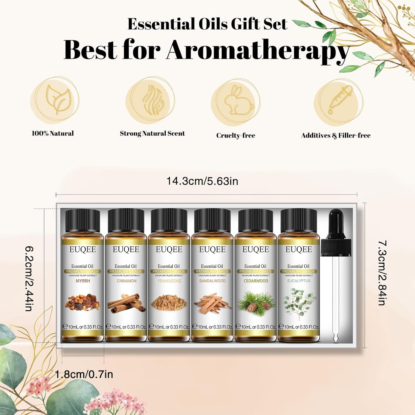 EUQEE 10ml Woody Essential Oils Set - Pure & Nature Essential Oils for Aromatherapy, Diffuser, Candle Making, Massage - Eucalyptus, Cedarwood, Sandalwood, Frankincense, Cinnamon