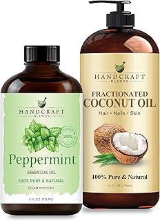 Handcraft Blends Cooling Massage Set: Fractionated Coconut Oil (16 Fl Oz) and Peppermint Essential Oil (4 Fl Oz) – 100% Pure & Natural – Carrier Oil for Dilution and Body Care