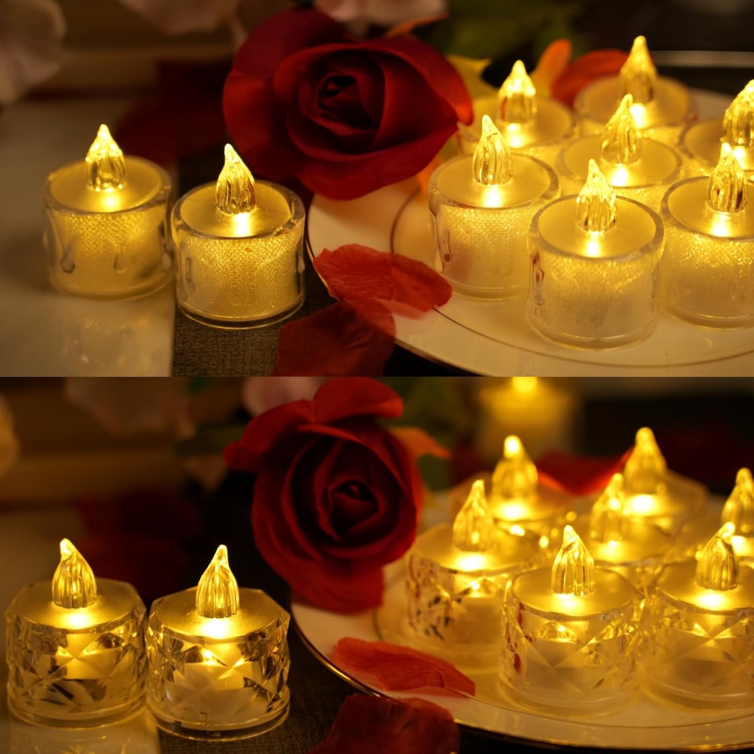 SupBri 12 Pack Flameless Tea Lights Candles Battery Operated, Crystal Led Tealight Candles,Votive Electric Fake Candles for Valentines Wedding Diwali Christmas Decorations