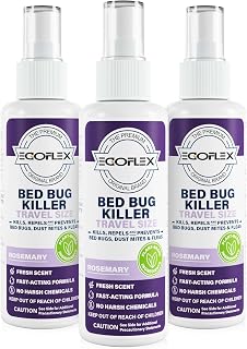 3-Pack Bed Bug Killer Spray - Travel Size TSA Approved - Repels Bed Bugs, Dust Mites, Lice & Fleas with Natural Essential Oils - Travel Essentials for Women - 3 Fl Oz