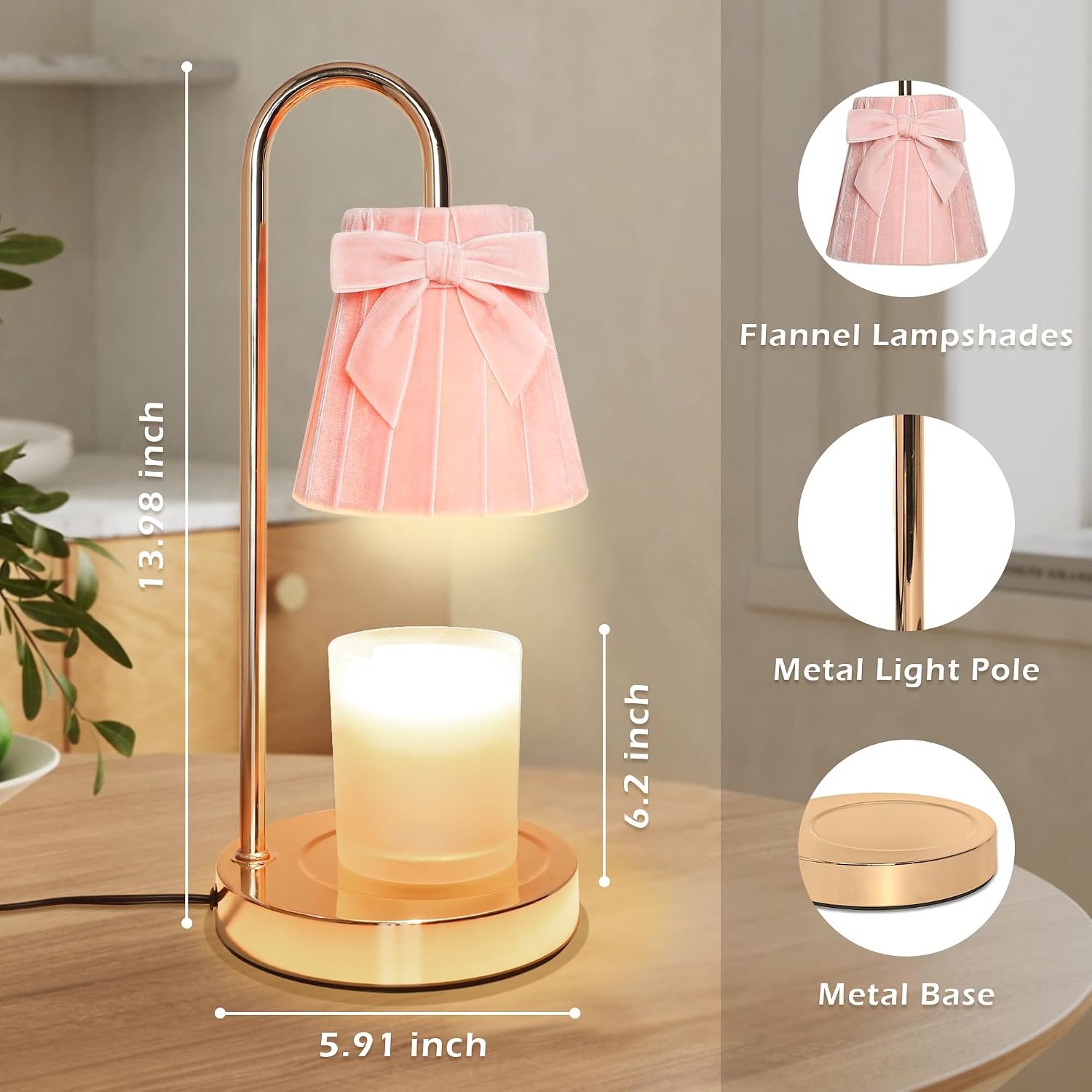 Pink Coquette Bow Flannel Candle Warmer Lamp with Timer and Dimmer, for Mom/Wife, Melt Wax Warmer Lamp with 2 Bulbs for Candle Jars House Warming New Home Christmas Decor