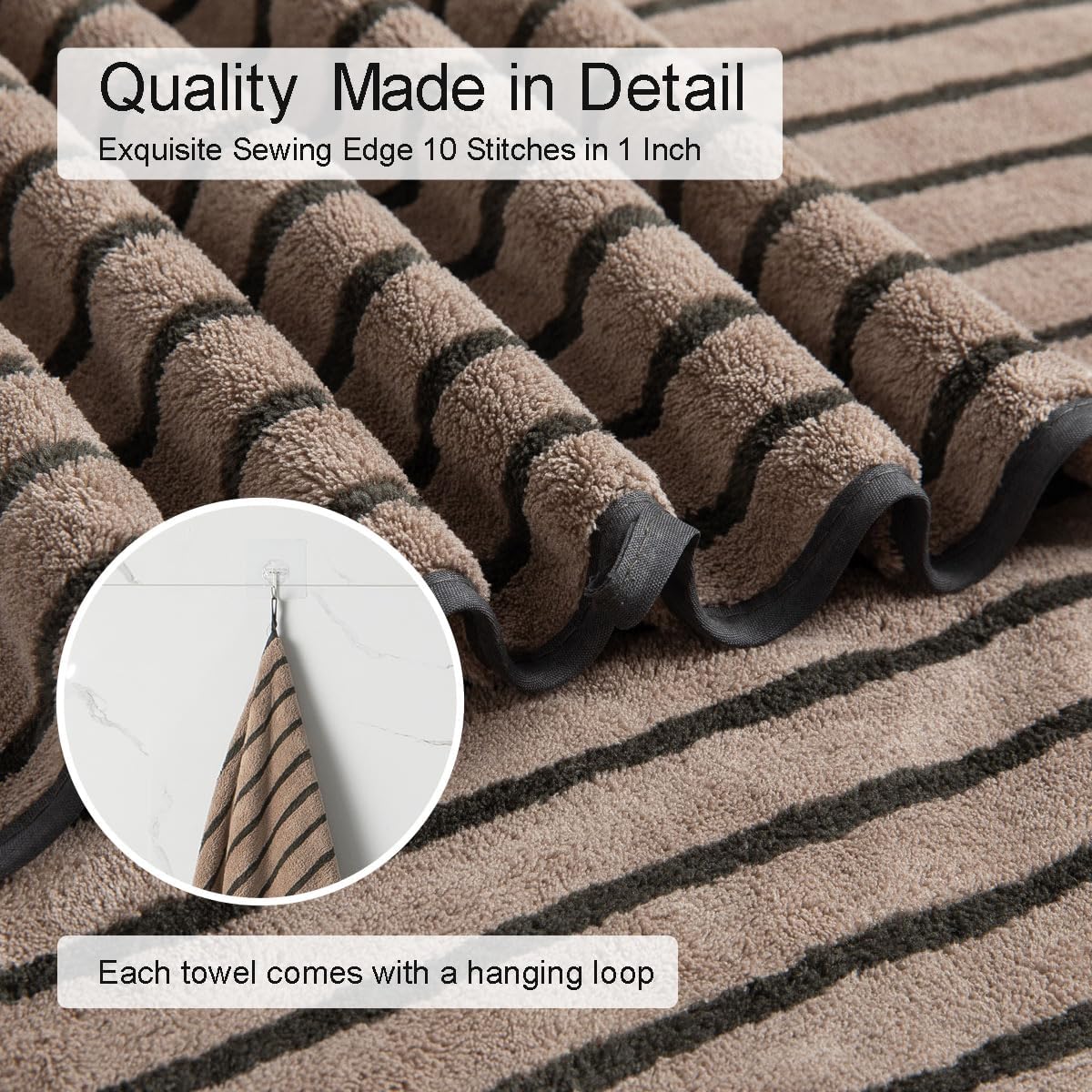 8 Pcs Polyester Brown Cabana Stripe Large Bath Towel Set-2 Bathroom Towels,2 Hand Towels,4 Washcloths Lightweight 600GMS Bath Sheet Absorbent Shower Towel Quick Dry Beach Chair Spa Gym Hotel Towels