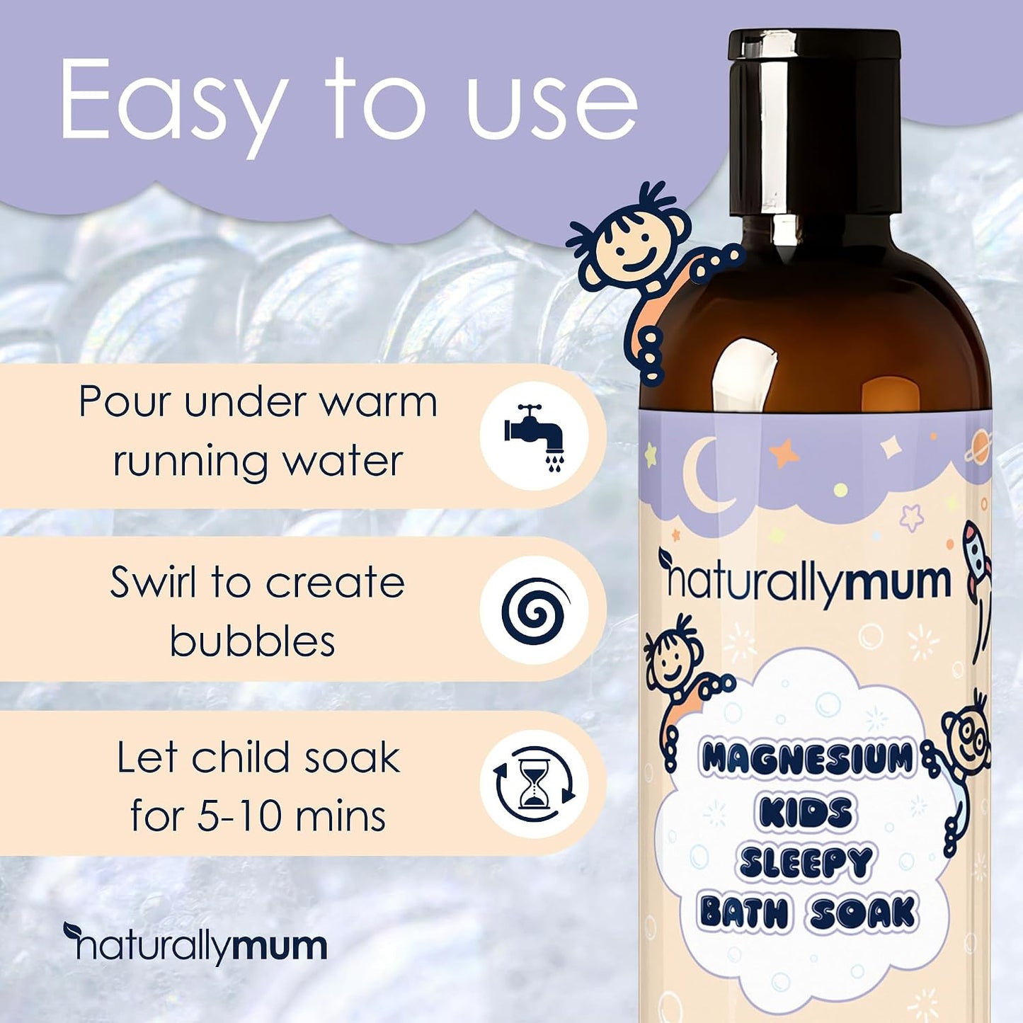 NaturallyMum Kids Magnesium Sleepy Bath Soak - Bubble Bath - All-Natural & Calming - Suitable for Newborns with Dry & Sensitive Skin - Lavender & Chamomile Essential Oils – Made in UK - 8.8fl oz
