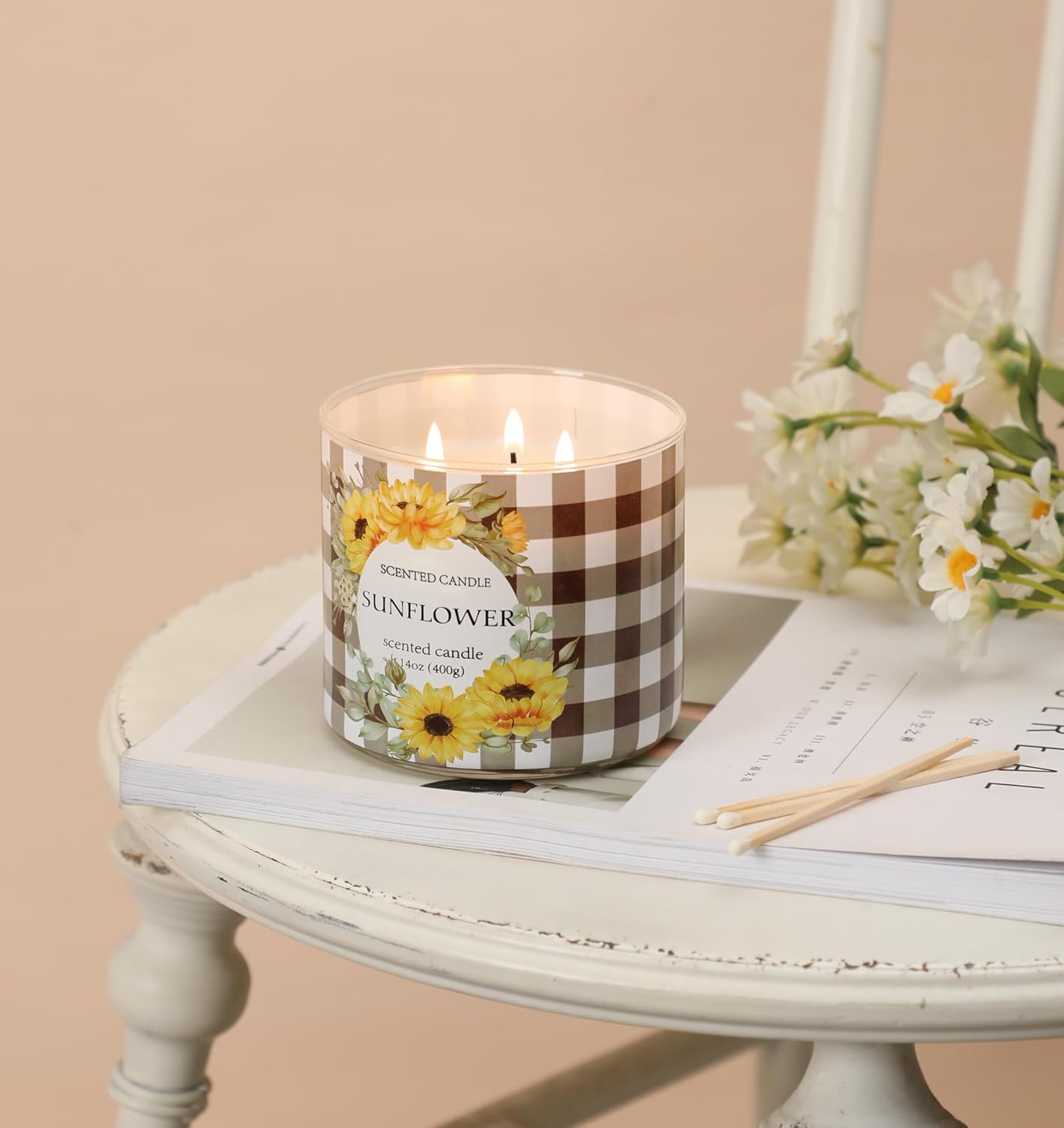 Sunflower Candle, Summer Sunflower Scented Candles Gift for Women, 3 Wicks Large Candle, 14 oz