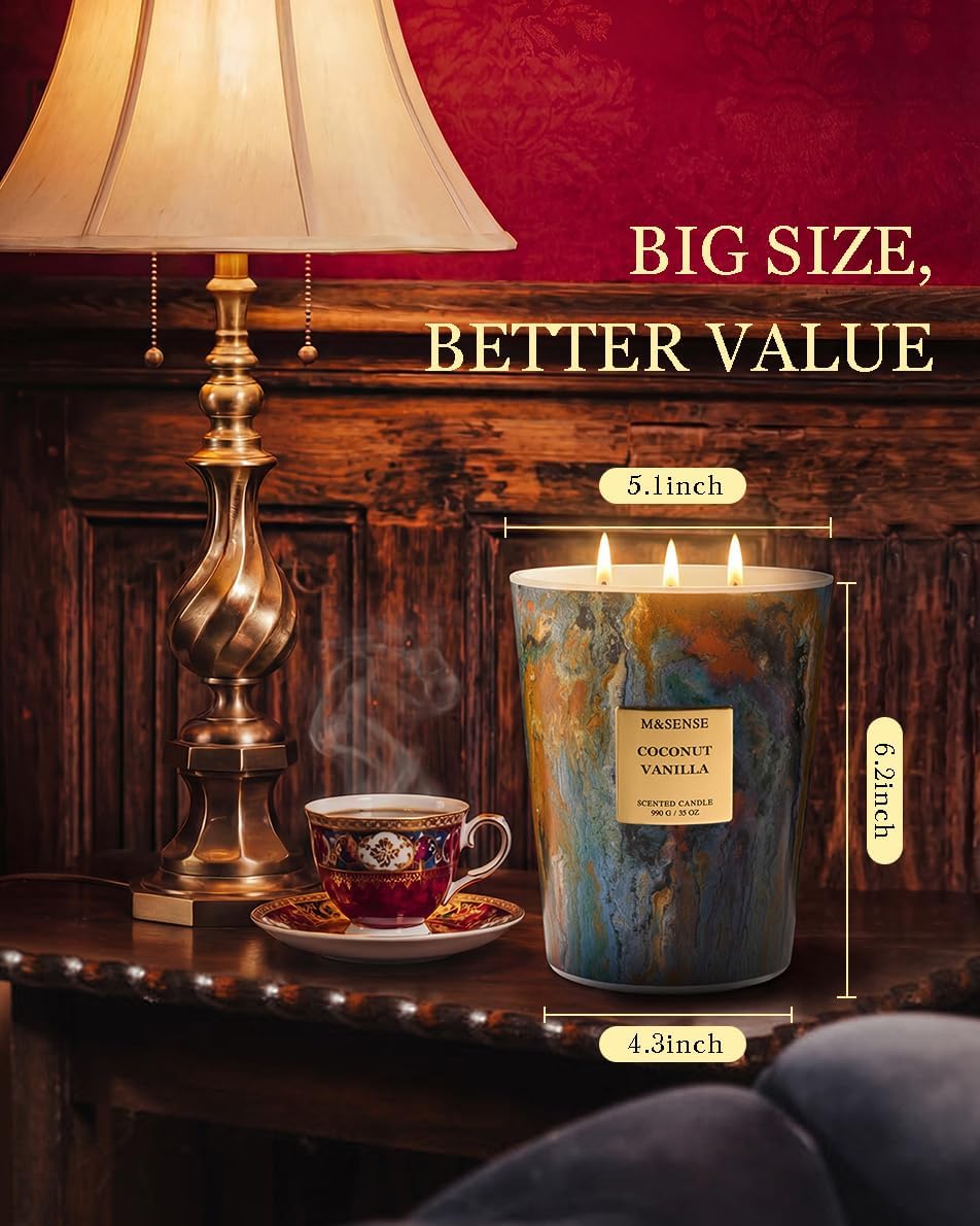 M&SENSE Large 3-Wick Coconut Vanilla Scented Soy Candle | 35oz, 150 Hours, Non-Toxic, Summer Party Essential, Spa Home Fragrance & Decor