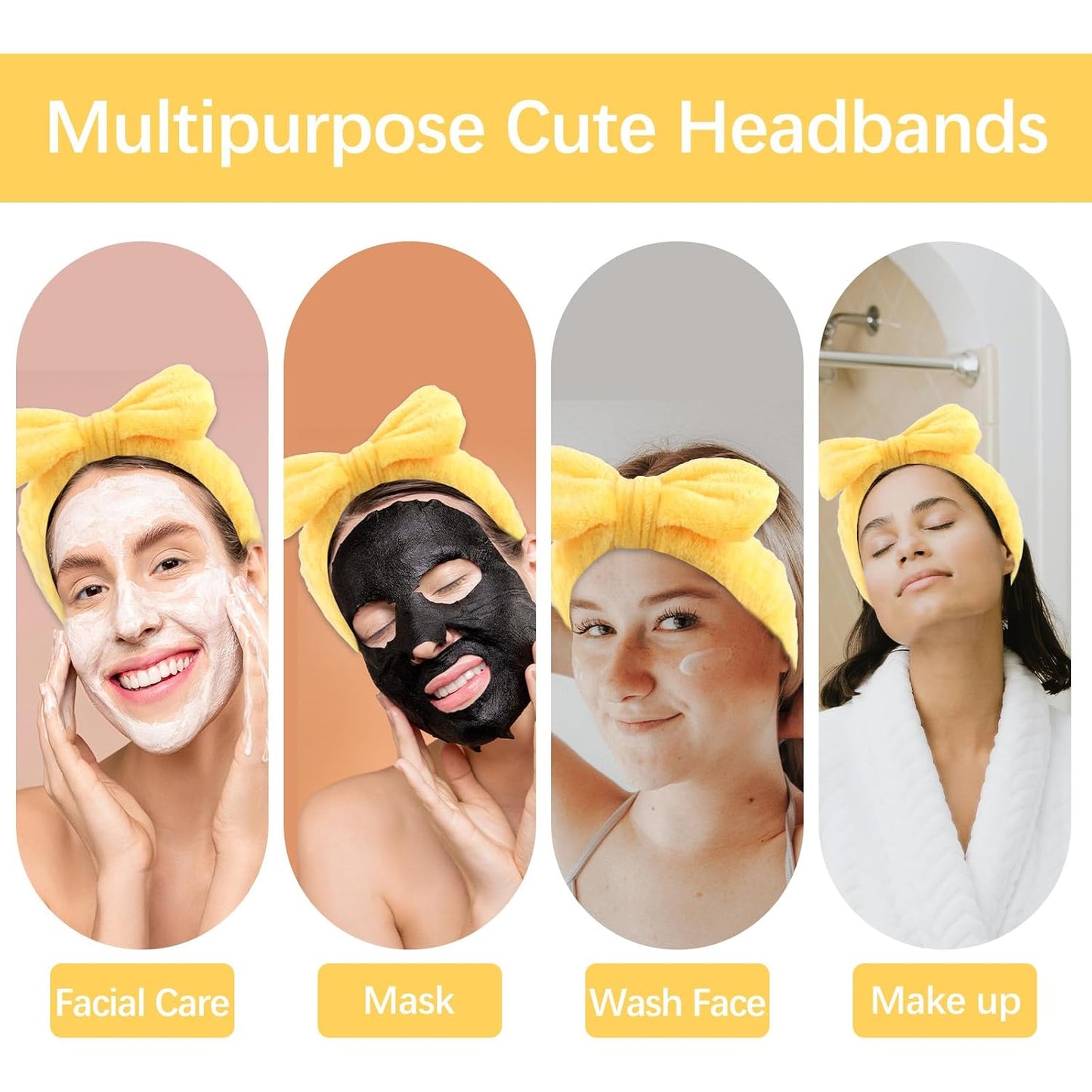 Ondder 8 PCS Yellow Bow Spa Headbands for Women, Soft Coral Fleece Non Slip Makeup Headbands for Face Washing Skincare Yoga