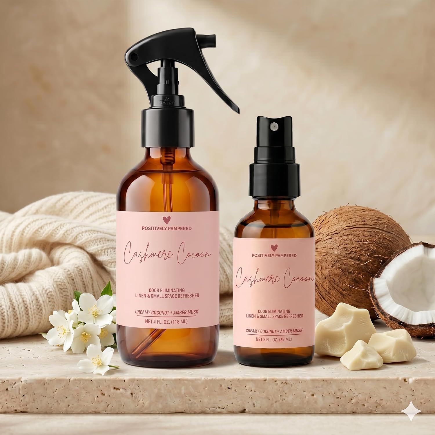 Cashmere Cocoon Luxury Small Space Air & Linen Freshener Spray - Creamy Coconut + Amber Musk - Artisan Blended Home Fragrance - Non Toxic Room Spray + Odor Eliminator - 2 oz Travel Size