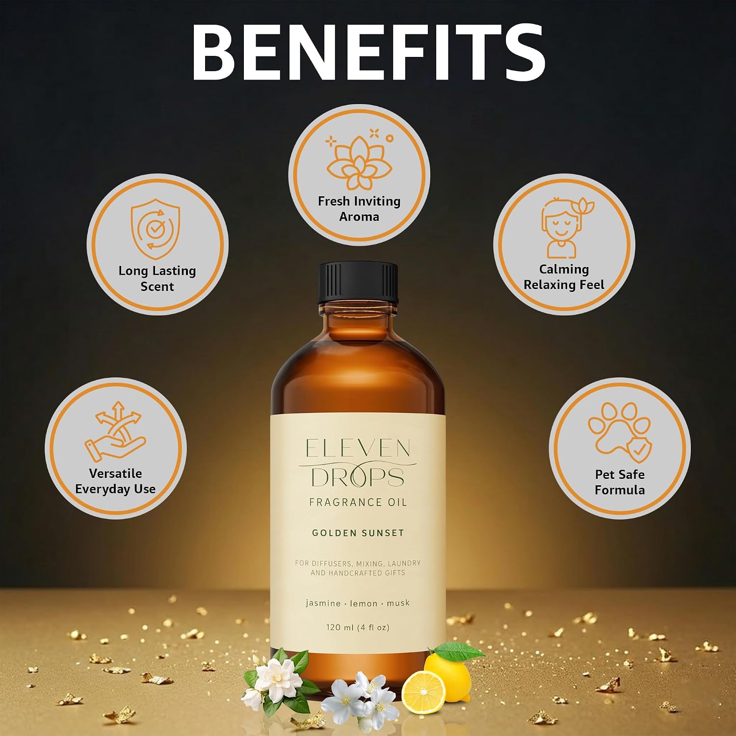 Golden Sunset Fragrance Oil | Jasmine, Lemon & Musk Notes | Long Lasting Scent Reed Diffuser Oil for Home, Office, Hotel, Spa, Car & Linen Spray | Pet Friendly IFRA Compliant, 4 oz