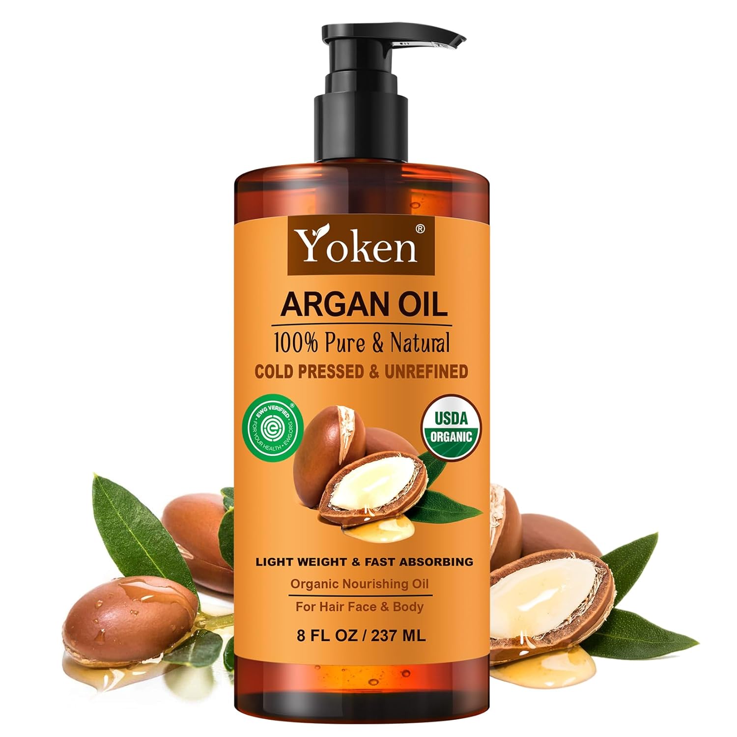 Yoken USDA Organic Argan Oil for Hair, Pure and Natural Morocco Argan Oil, Argon Oil For Hair, Scalp, Face & Skin Care, 100% Cold Pressed Hair Conditioner, Unrefined Argon Nails Carrier Oil (8 Fl Oz)