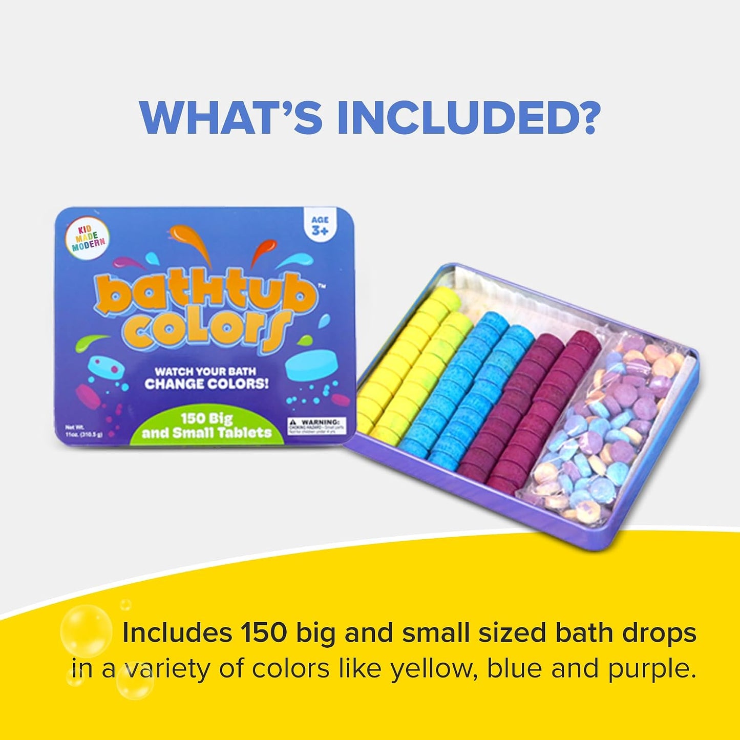 Kid Made Modern Bath Color Tablets for Kids - 150 Counts Non Toxic Bath Drops for Toddlers - Blue, Yellow, Pink, and Purple Bathtub Color Fizzies Tablets - Fun & Mini Bath Bombs (150 Count - Ages 3+)