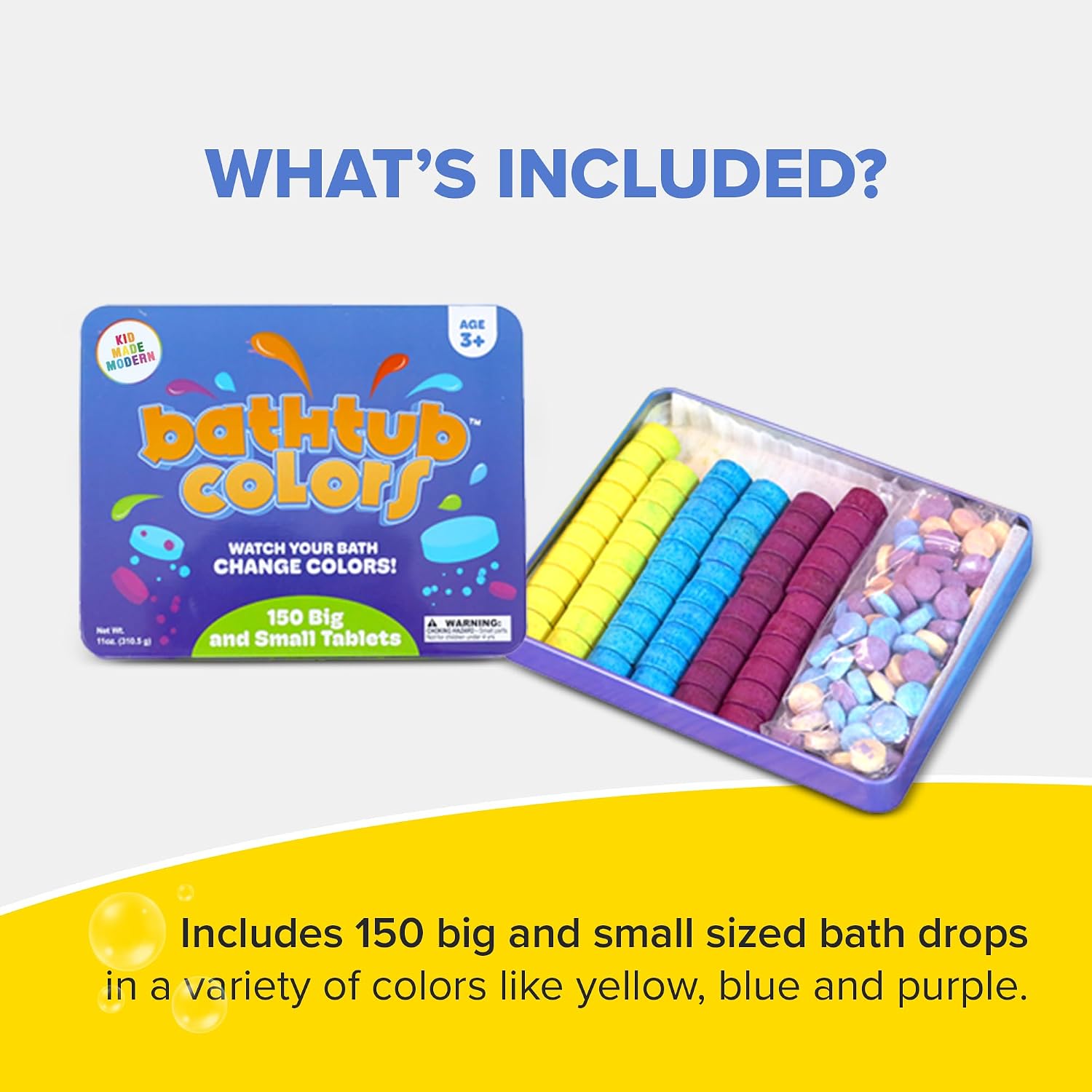 Kid Made Modern Bath Color Tablets for Kids - 150 Counts Non Toxic Bath Drops for Toddlers - Blue, Yellow, Pink, and Purple Bathtub Color Fizzies Tablets - Fun & Mini Bath Bombs (150 Count - Ages 3+)