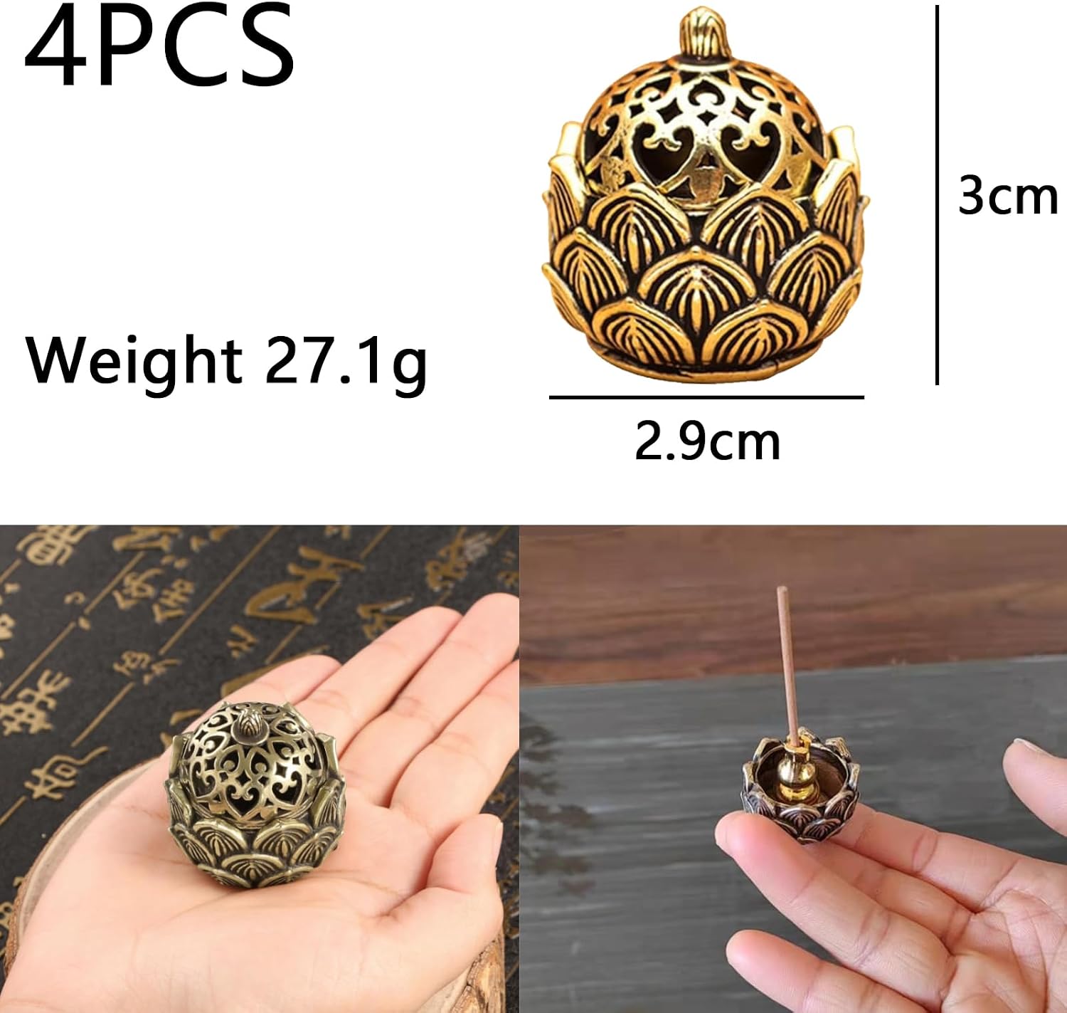 4 Pack Incense Cone Holder Small Cute Lotus Metal Incense Cone Holder Burner Brass Dhoop Items Decor with Incense Sticks Holders for Home Worship Decoration