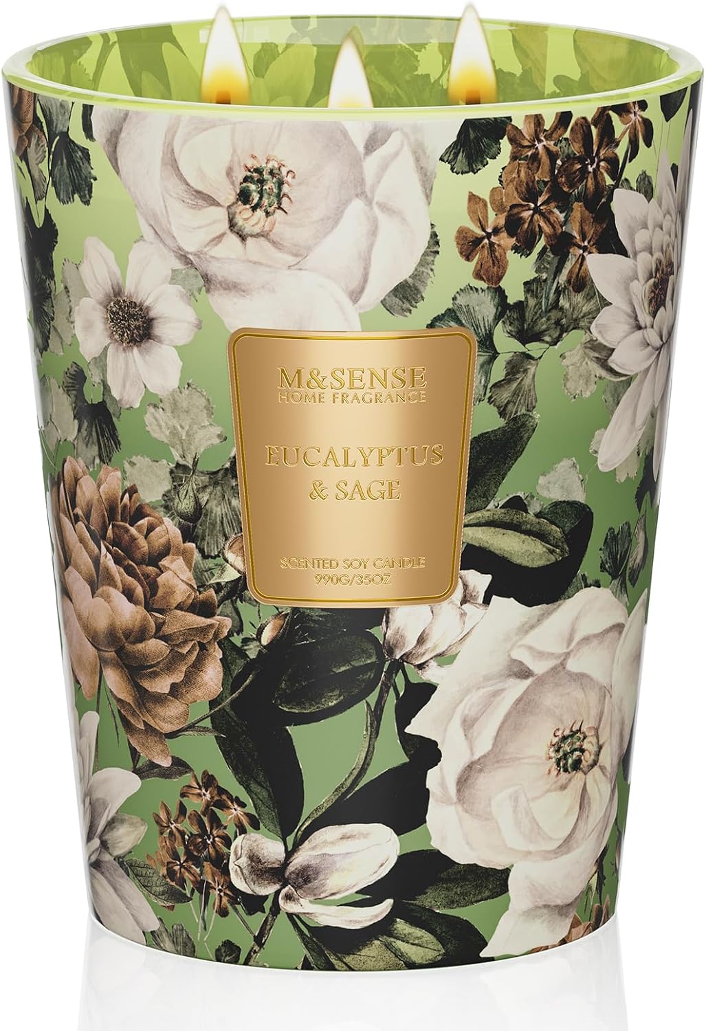 M&SENSE Eucalyptus Sage Soy Candle, 35oz 3 Wick 150H Non Toxic Long Lasting, Large Spa Fresh Focus Aromatherapy Candles, Home Office & Sleep Support