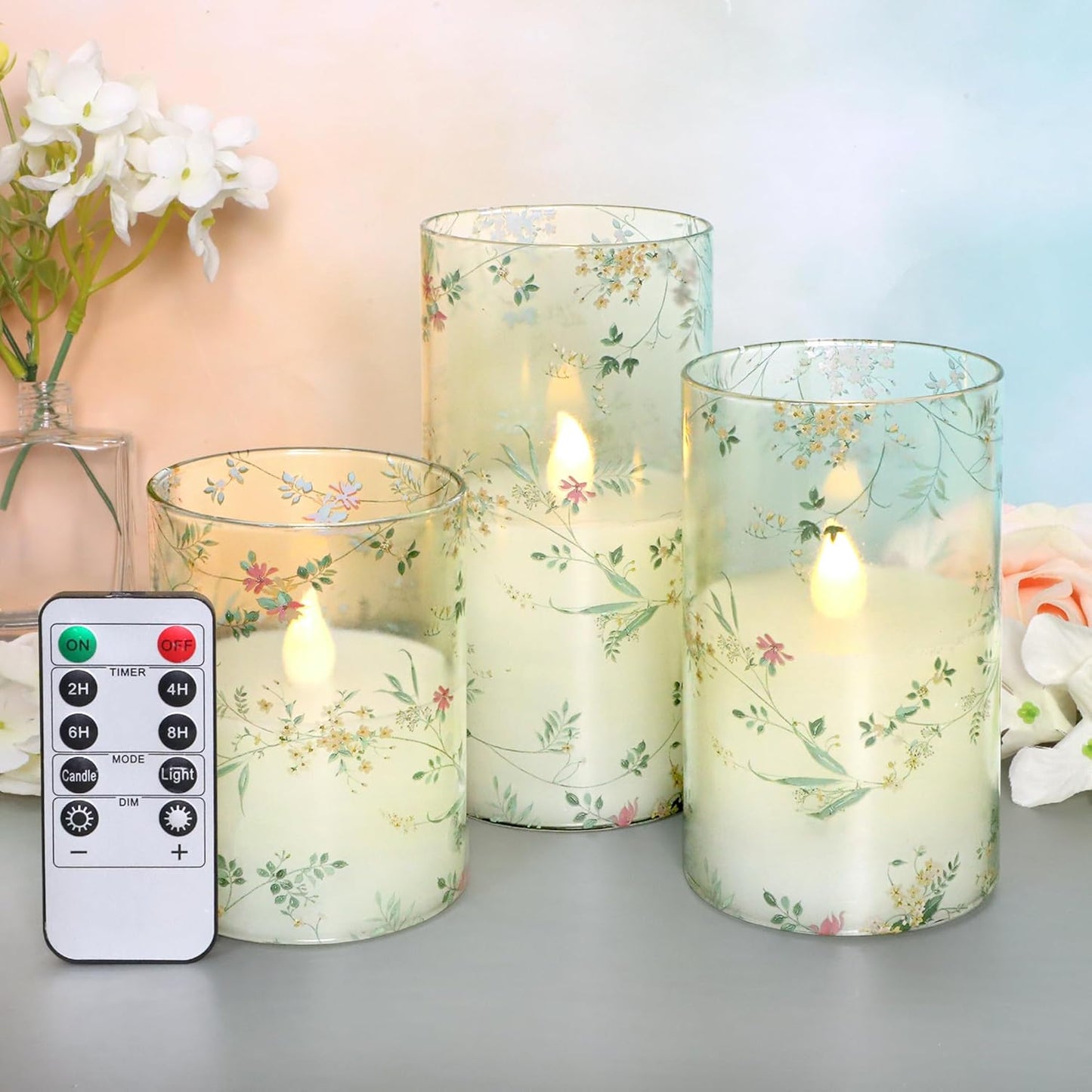 Flameless Candles with Remote Control, Flickering LED Glass Candles, Battery-Operated with Timer and Adjustable Brightness, Floral Branch Design for Home Decor and Wedding, Set of 3