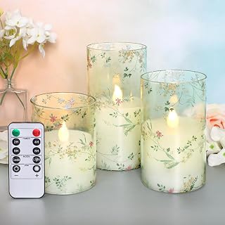 Flameless Candles with Remote Control, Flickering LED Glass Candles, Battery-Operated with Timer and Adjustable Brightness, Floral Branch Design for Home Decor and Wedding, Set of 3