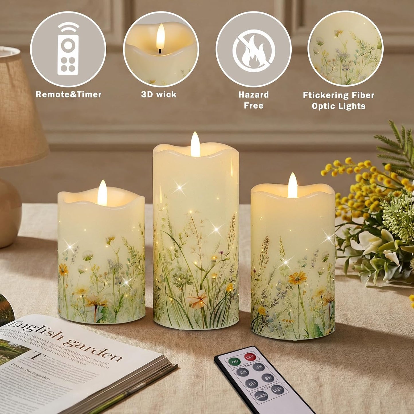 Flameless Candles, Battery Operated Floral Candles with Remote, Fiber Optic Flameless Pillar Candles Set of 3 for Spring Decorations Indoor