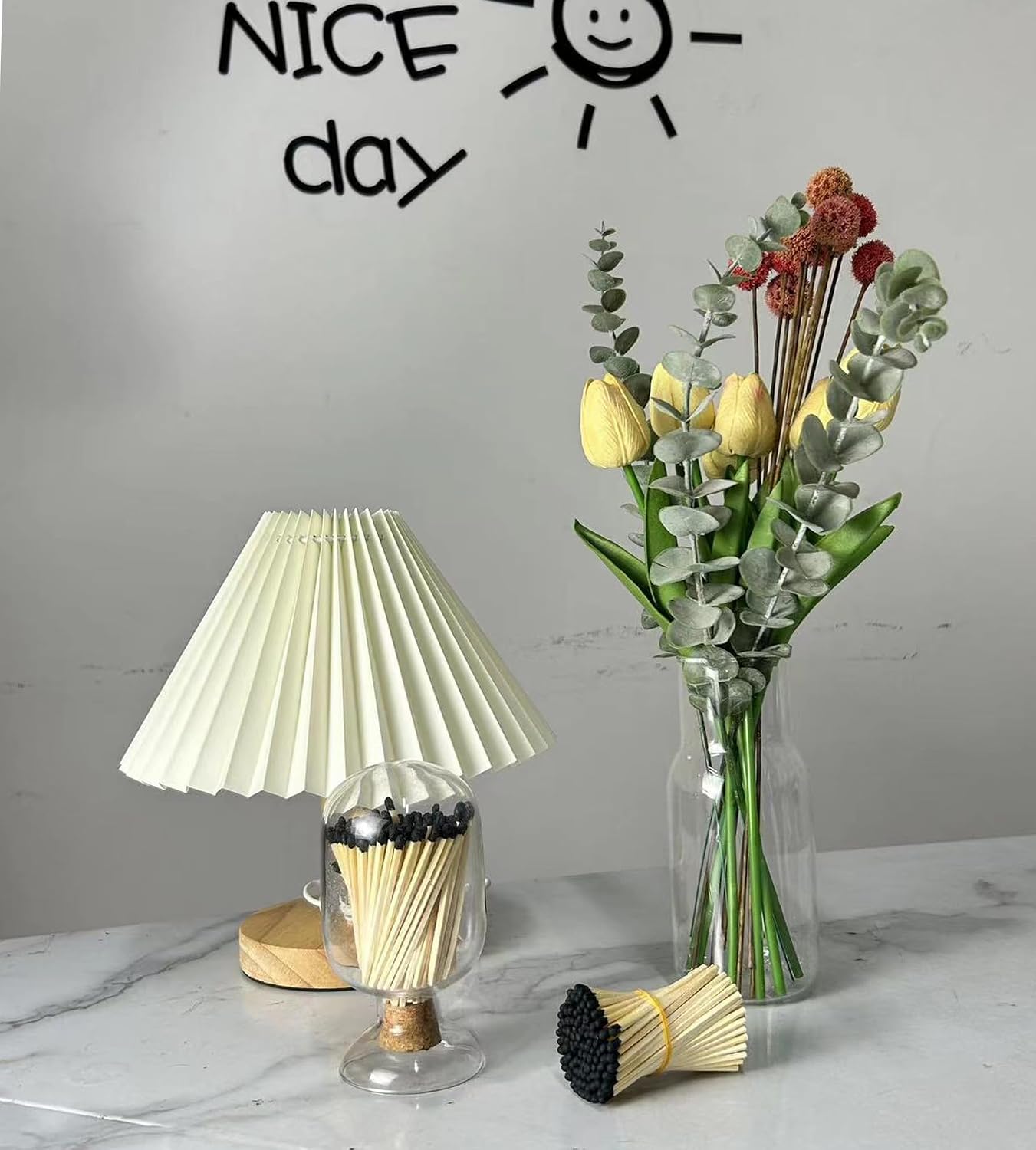 3'' Black Matches Included, Glass Match Holder with Striker, Glass Match Cloche with Striker, Matches in a Jar with Striker, Safety Matches Jar, Long Fireplace Matches for Fireplace BBQ Grill