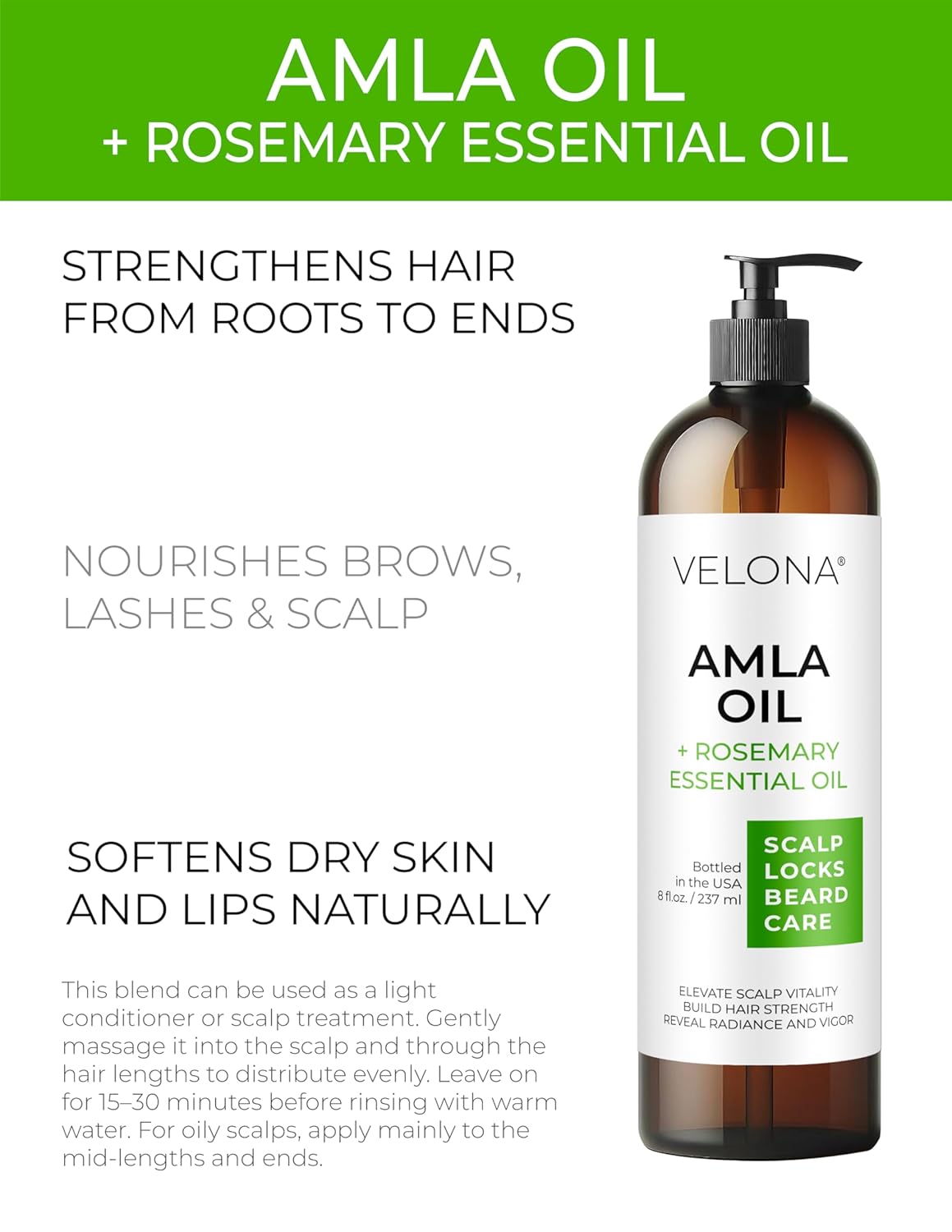 velona Organic Amla Oil with Rosemary - 8 oz | Promoting Hair, Scalp, Eyelash and Eyebrow Growth | 100% Natural and Pure