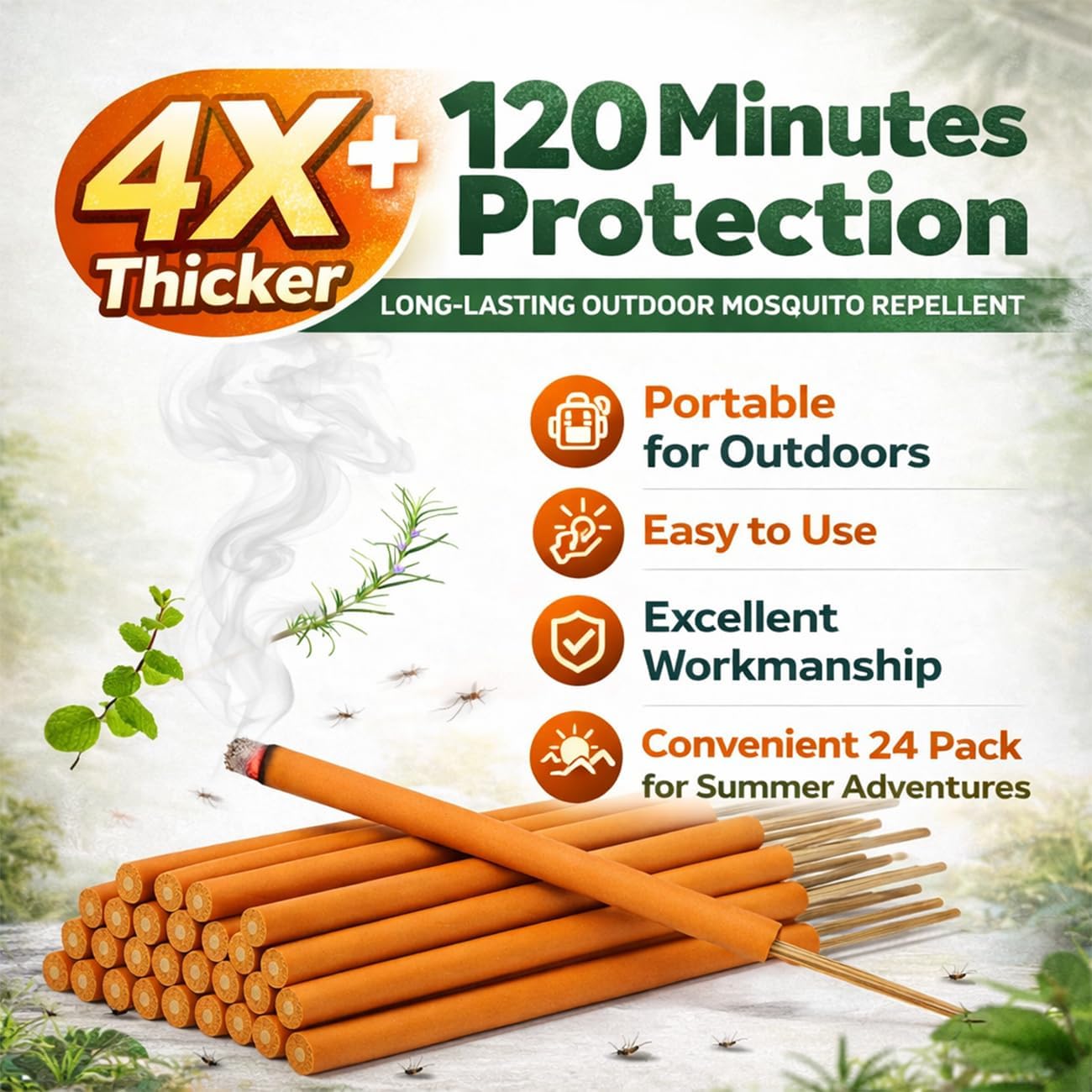 Extra Large Mosquito Repellent Sticks, 24 Pack Portable Extra Thick Citronella Incense Sticks, DEET Free, Plant Based Ingredients, Up to 120 Minute Burn Time, Outdoor Bug Repellent for Patio & Camping