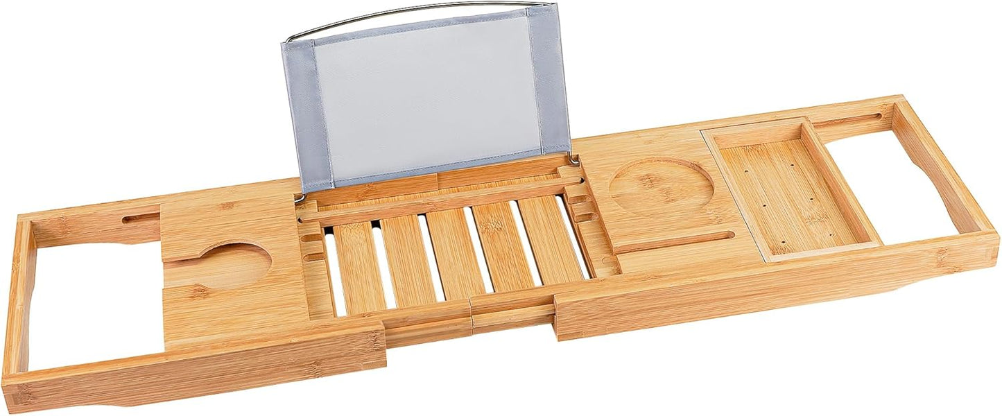 Utoplike Bamboo Bathtub Caddy Tray Bath Tray for Tub, Adjustable Bathroom Bathtub Organizer with Book Tablet Wine Glass Cup Towel Holder