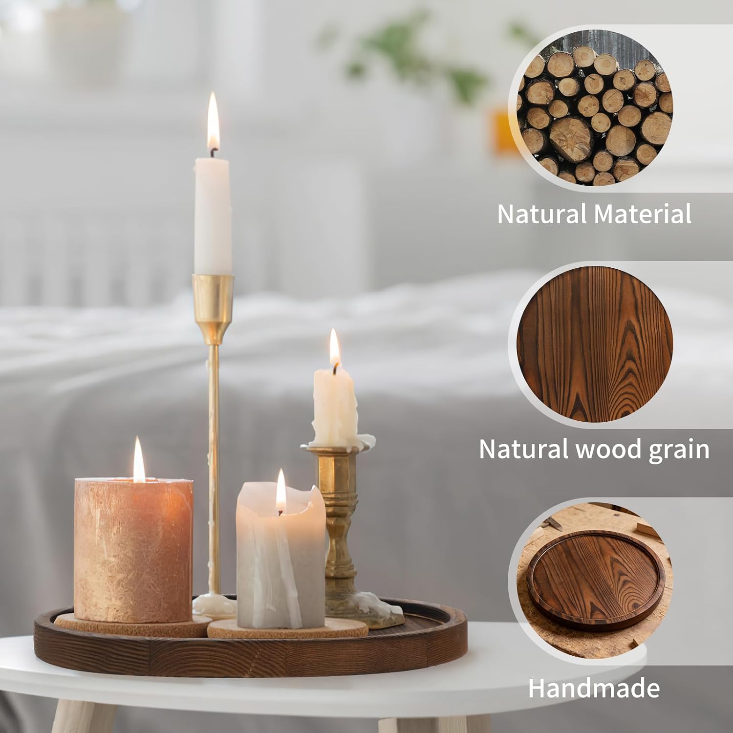 DEBETOOL Round Wooden Decorative Tray for Decor - Rustic Farmhouse Coffee Table Tray, Handmade Candle Holder Plate for Christmas Table Decorations and Centerpiece