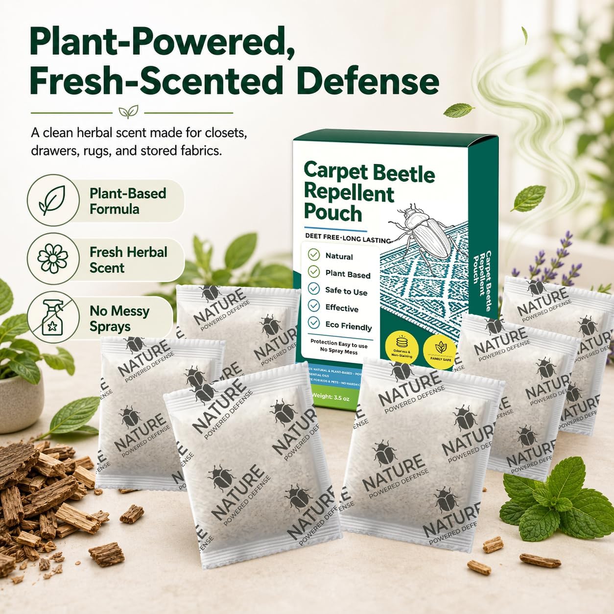 Carpet Beetle Repellent 8 Pack, Plant-Powered Cedarwood Sachets for Wool, Clothes, Fabrics, Pro-Active Deterrent for Carpet Beetle Larvae & Eggs, Long-Lasting Indoor Protection for Pest Control