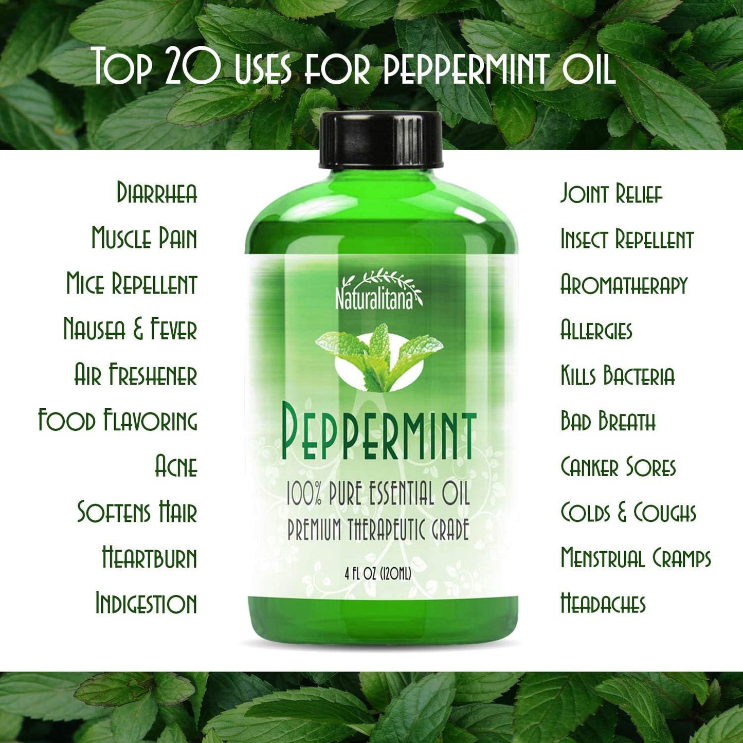 Naturalitana Peppermint Essential Oil Therapeutic Grade for Aromatherapy, Hair, Relaxation – Mint Scented 4 Fl Oz Bottle with Dropper