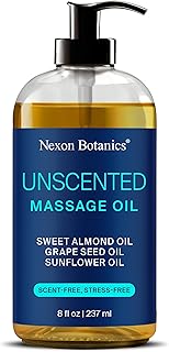 Unscented Massage Oil for Massage Therapy 8 fl oz - Refreshing and Relaxing - Natural Oils with Sweet Almond, Grape Seed and Sunflower Oil - for Men and Women - Nexon Botanics