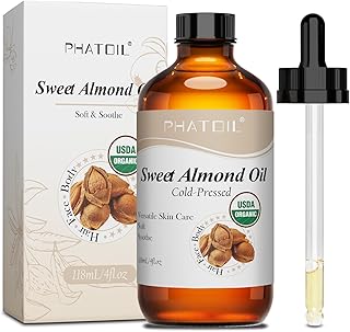 PHATOIL Organic Sweet Almond Oil for Skin 118 ml (4 fl.oz), USDA Certified Organic, Cold Pressed Almond Oil in Glass Bottle for Hair, Face, Body Moisturizer, Carrier Oil for DIY, Massage