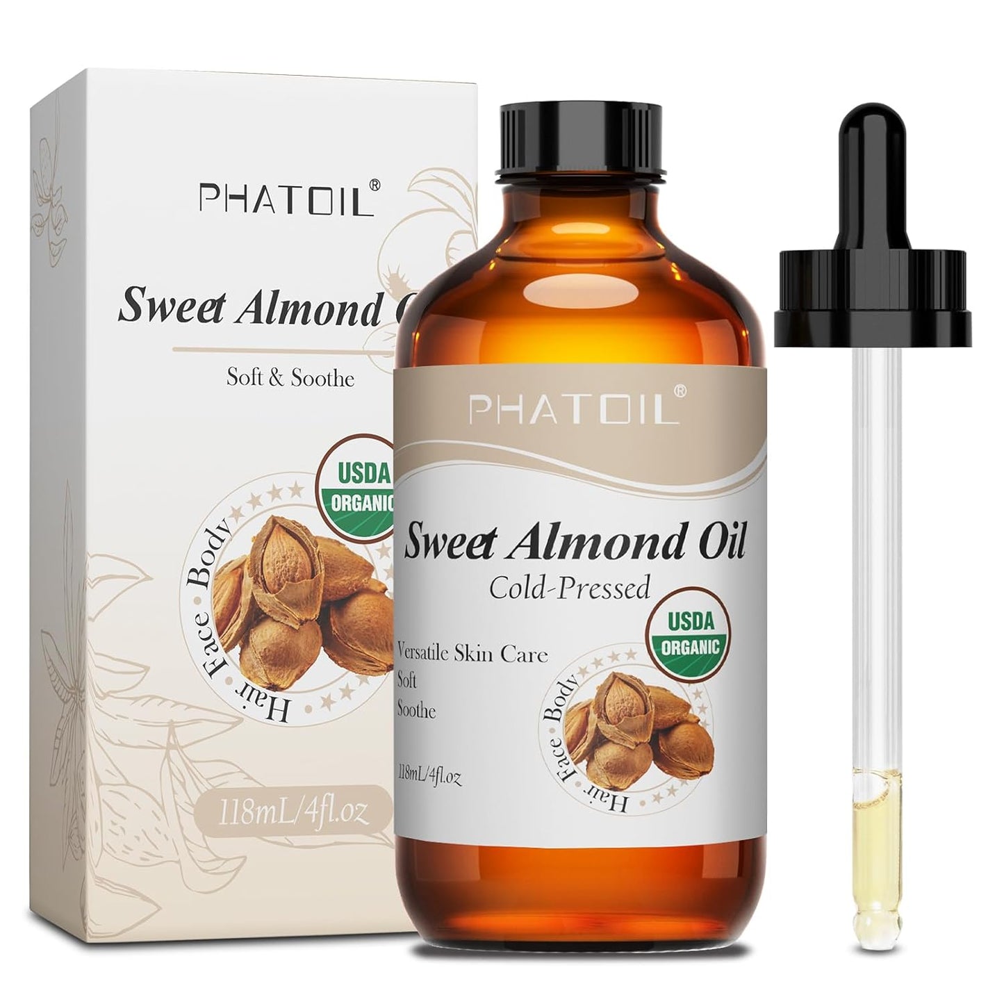 PHATOIL Organic Sweet Almond Oil for Skin 118 ml (4 fl.oz), USDA Certified Organic, Cold Pressed Almond Oil in Glass Bottle for Hair, Face, Body Moisturizer, Carrier Oil for DIY, Massage