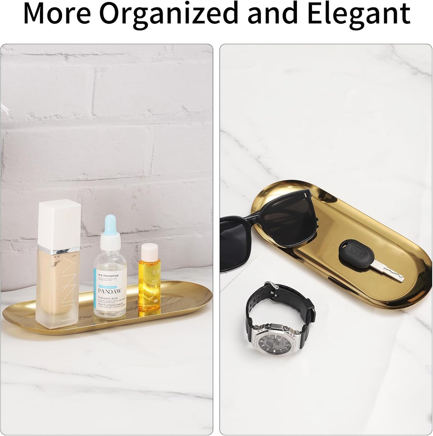 2Pack Gold Decorative Trays Bathroom Vanity Tray for Dresser Counter, Stainless Steel Jewelry Dish Cosmetics Organizer, Perfume Ring Key Candle Organizer Tray, Oval, Gold