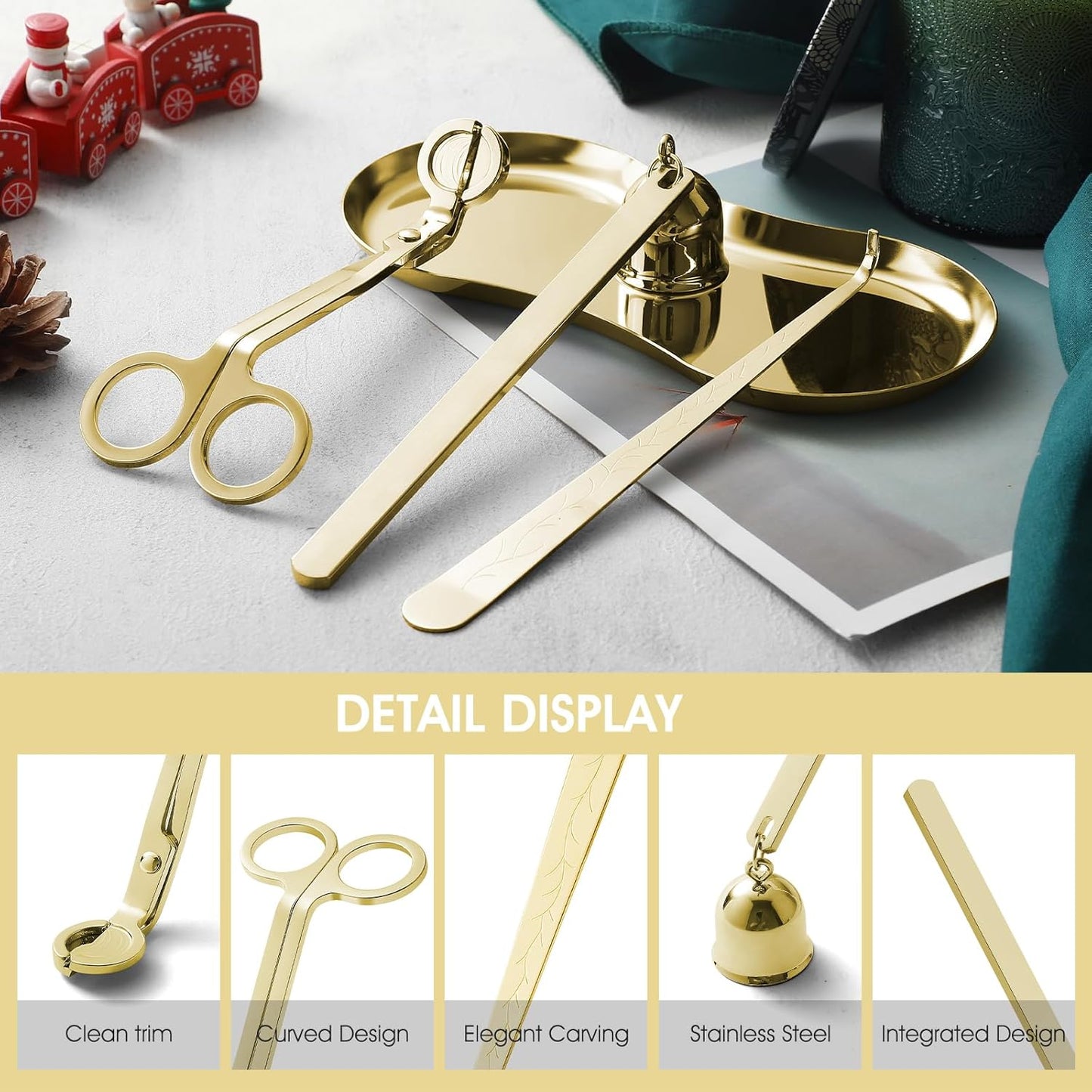 PATOISE 4 in 1 Candle Snuffer Set, Candle Wick Trimmer Cutter, Candle Accessory, Candle Wick Dipper, Tray Holder, Christmas Home Decor Gift for Candle Aromatherapy Lovers(Mini 4PCS Gold)
