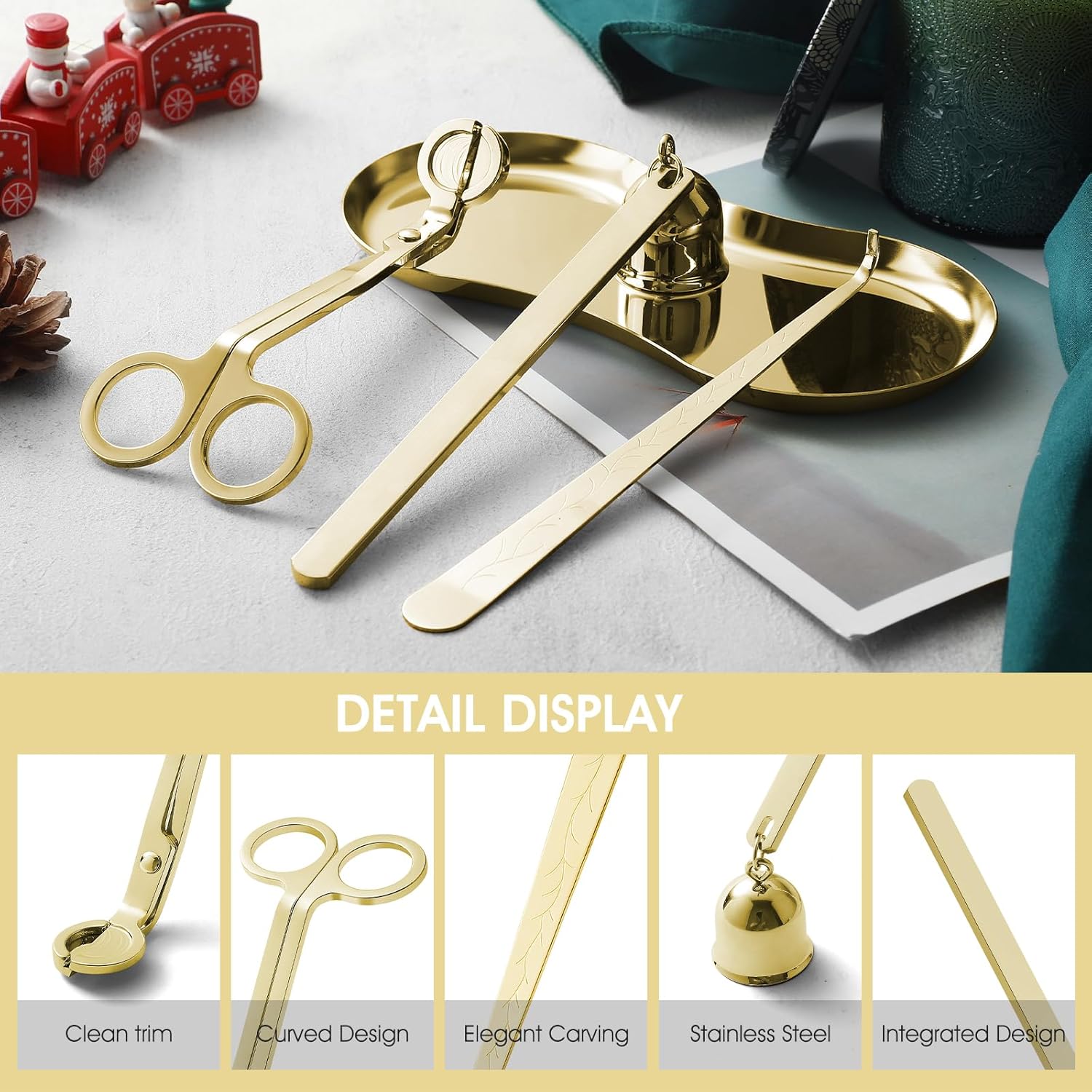 PATOISE 4 in 1 Candle Snuffer Set, Candle Wick Trimmer Cutter, Candle Accessory, Candle Wick Dipper, Tray Holder, Christmas Home Decor Gift for Candle Aromatherapy Lovers(Mini 4PCS Gold)