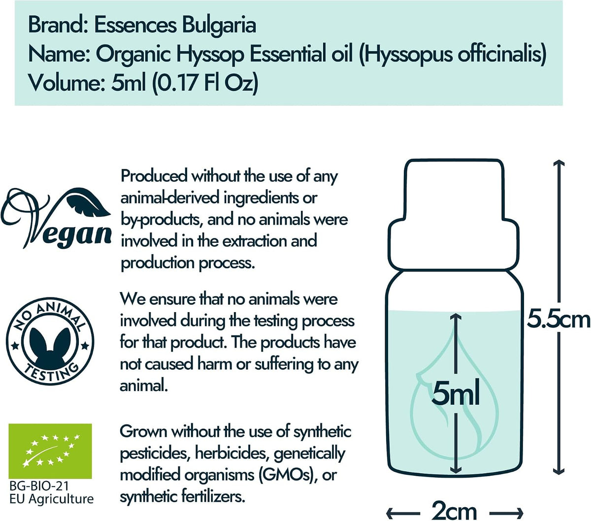 Organic Hyssop Essential Oil 1/6 Fl Oz (5ml) Hyssopus officinalis - 100% Pure and Natural Undiluted Therapeutic Grade Aromatherapy for Diffuser and Muscle Relaxation Massages