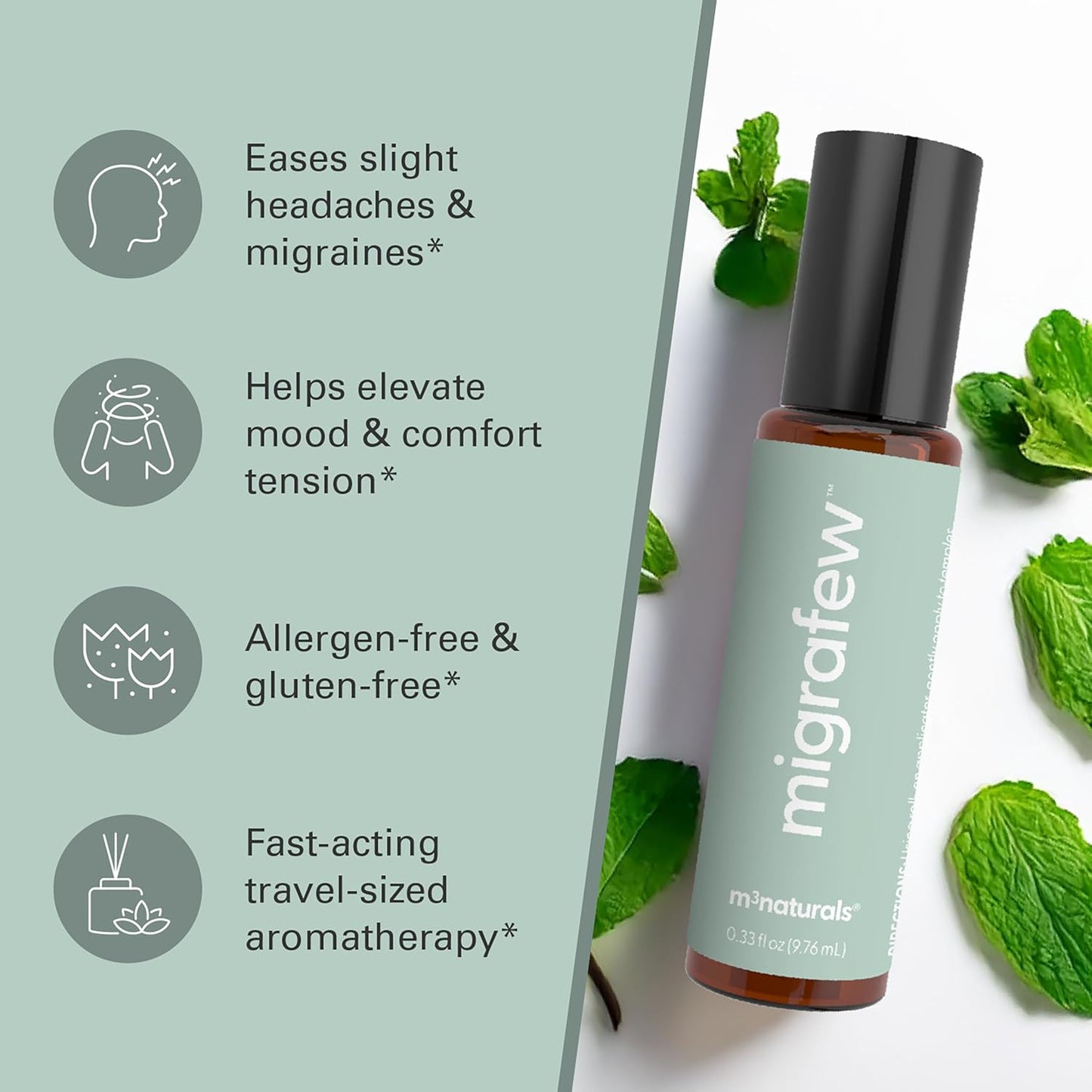 MigraFew Aromatherapy Migraine Roll On | Compact Headache Relief with Cooling Metal Roller for Head Tension and Pressure, Made with Peppermint, Spearmint and Lavender Essential Oils (0.33 FL oz) by M3