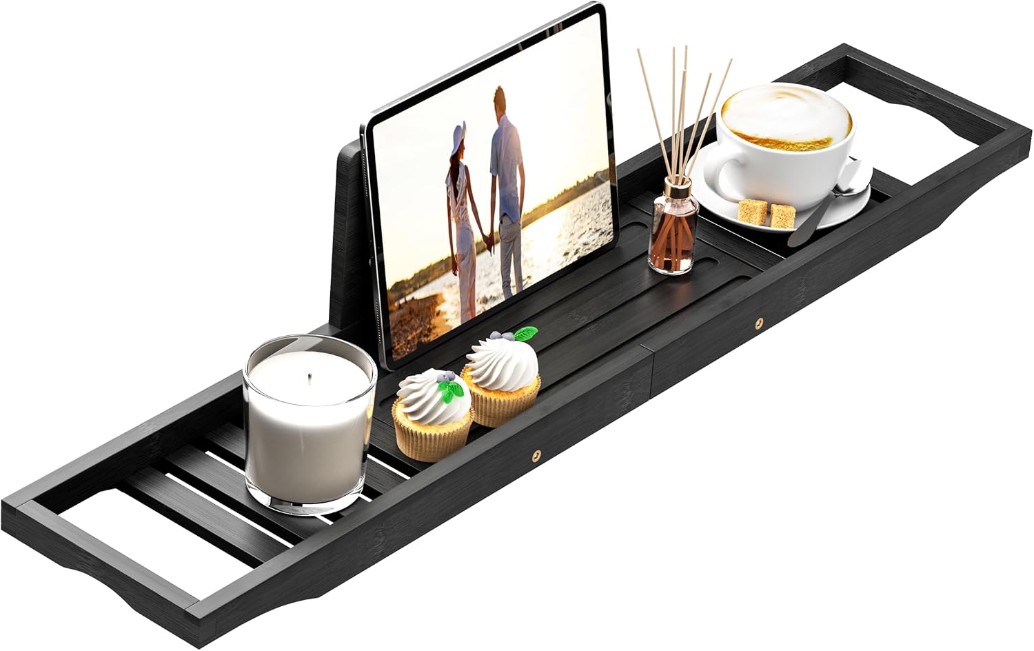 Bathtub Tray Caddy Black - Bath Tray Black - Bath Tub Table Tray Caddy - Bamboo Bath Tray for Tub